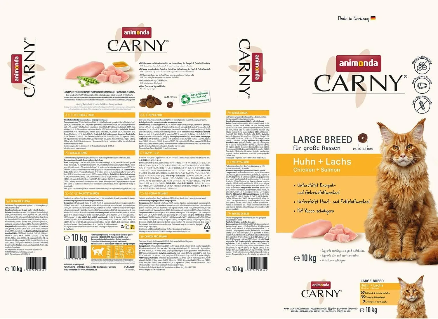 animonda Carny cibo secco per gatti Pollo + Salmone (1 x 10kg), cibo secco per grandi razze di gatti senza zucchero e cereali, grandi crocchette con molto pollo e pesce - immagine 3
