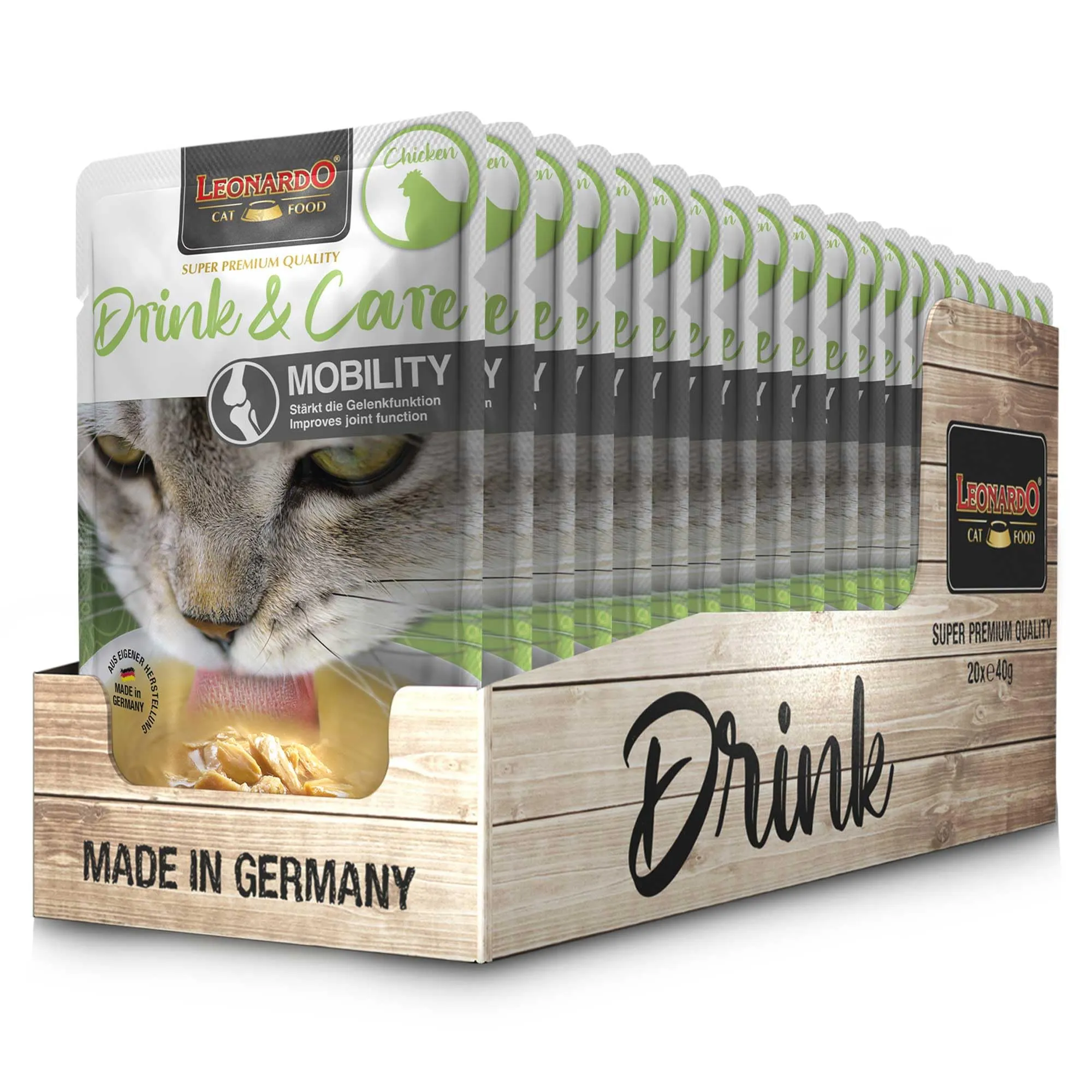 LEONARDO Drink & Care Mobility - Bevanda per gatti, brodo di pollo senza cereali, con strisce di carne per sostenere la funzione articolare, mangime complementare per gatti, 20 x 40 g - immagine 2