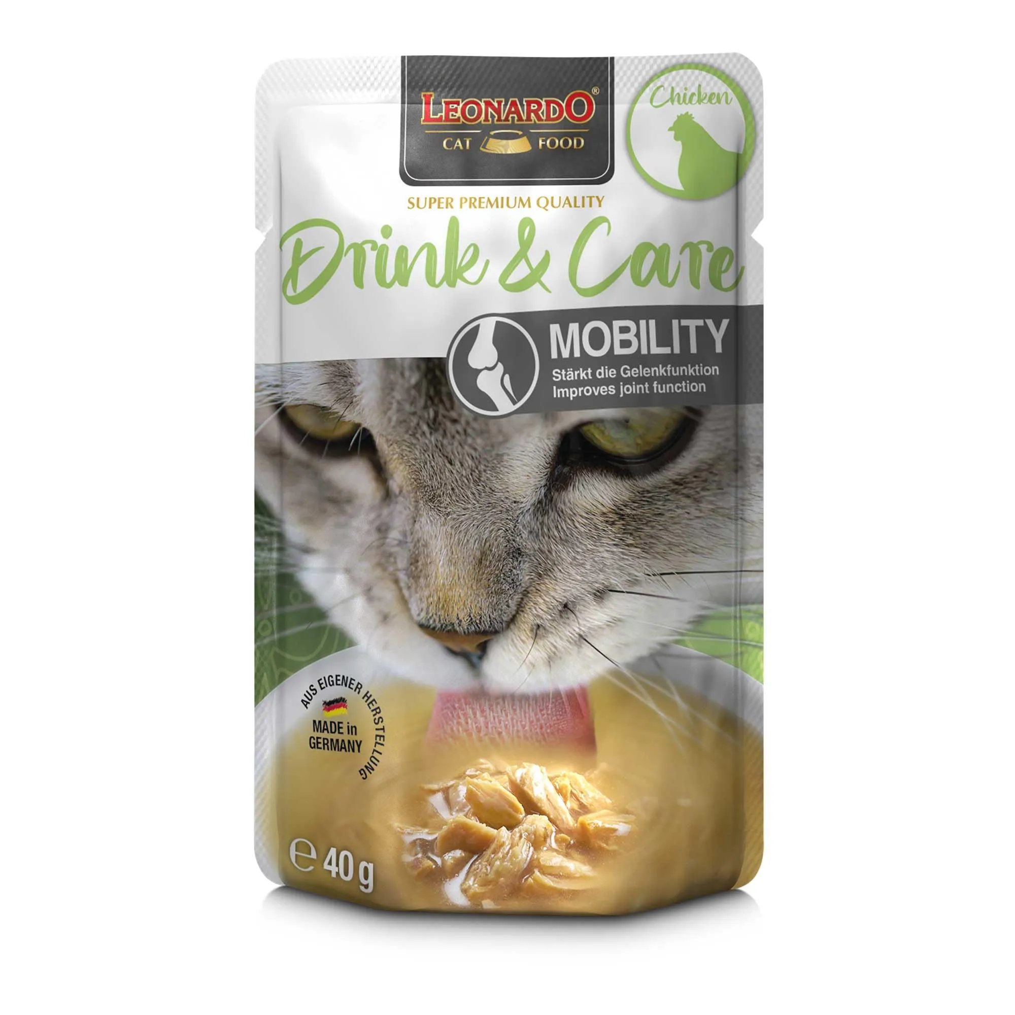 LEONARDO Drink & Care Mobility - Bevanda per gatti, brodo di pollo senza cereali, con strisce di carne per sostenere la funzione articolare, mangime complementare per gatti, 20 x 40 g - immagine 3