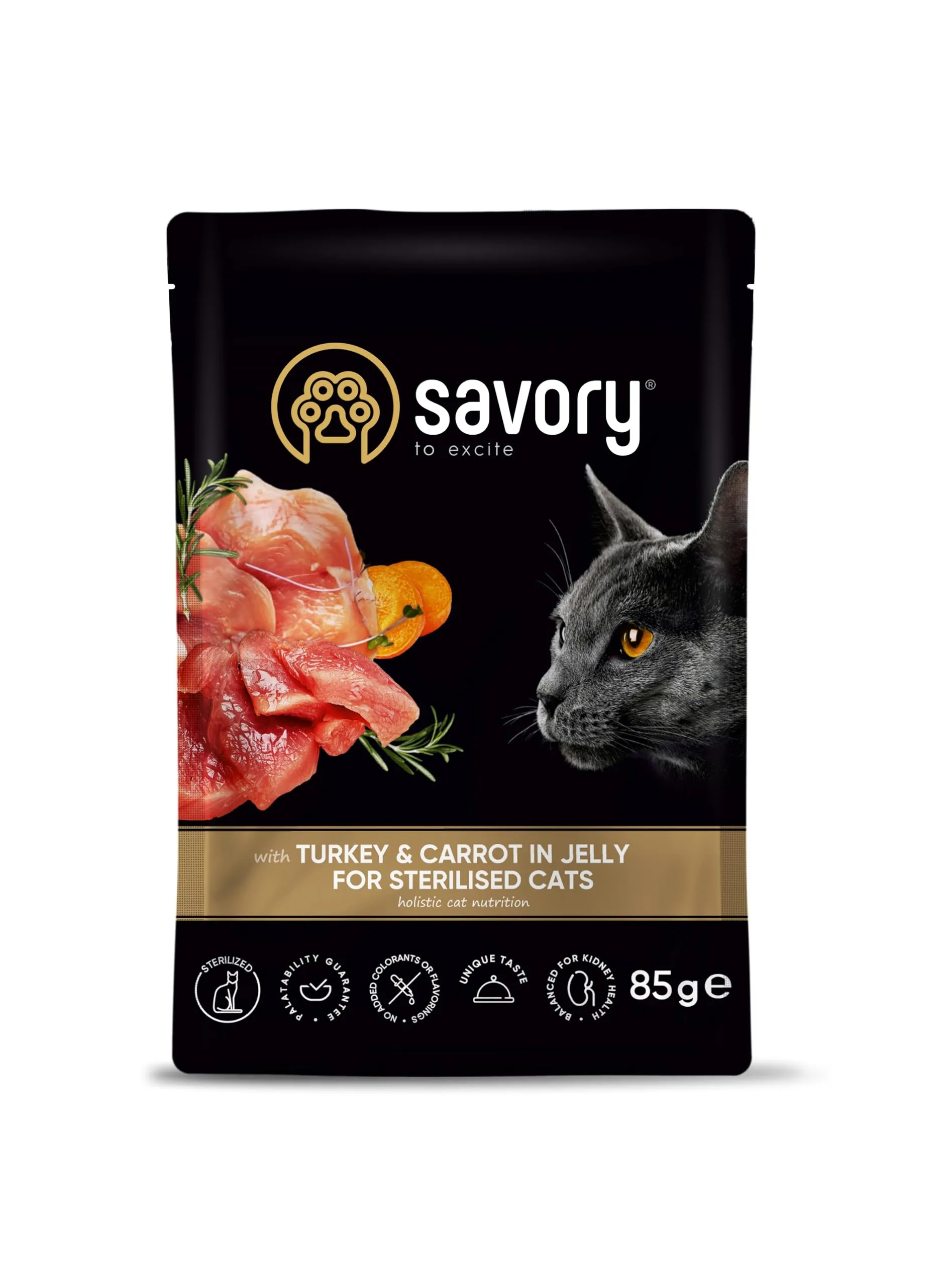Savory - cibo umido per gatti - per Gatto adulto sterilizzato - Tacchino e carote - pezzi di carne morbida, con taurina, vitamine E, D3, zinco - (6 x 85 g) - immagine 2
