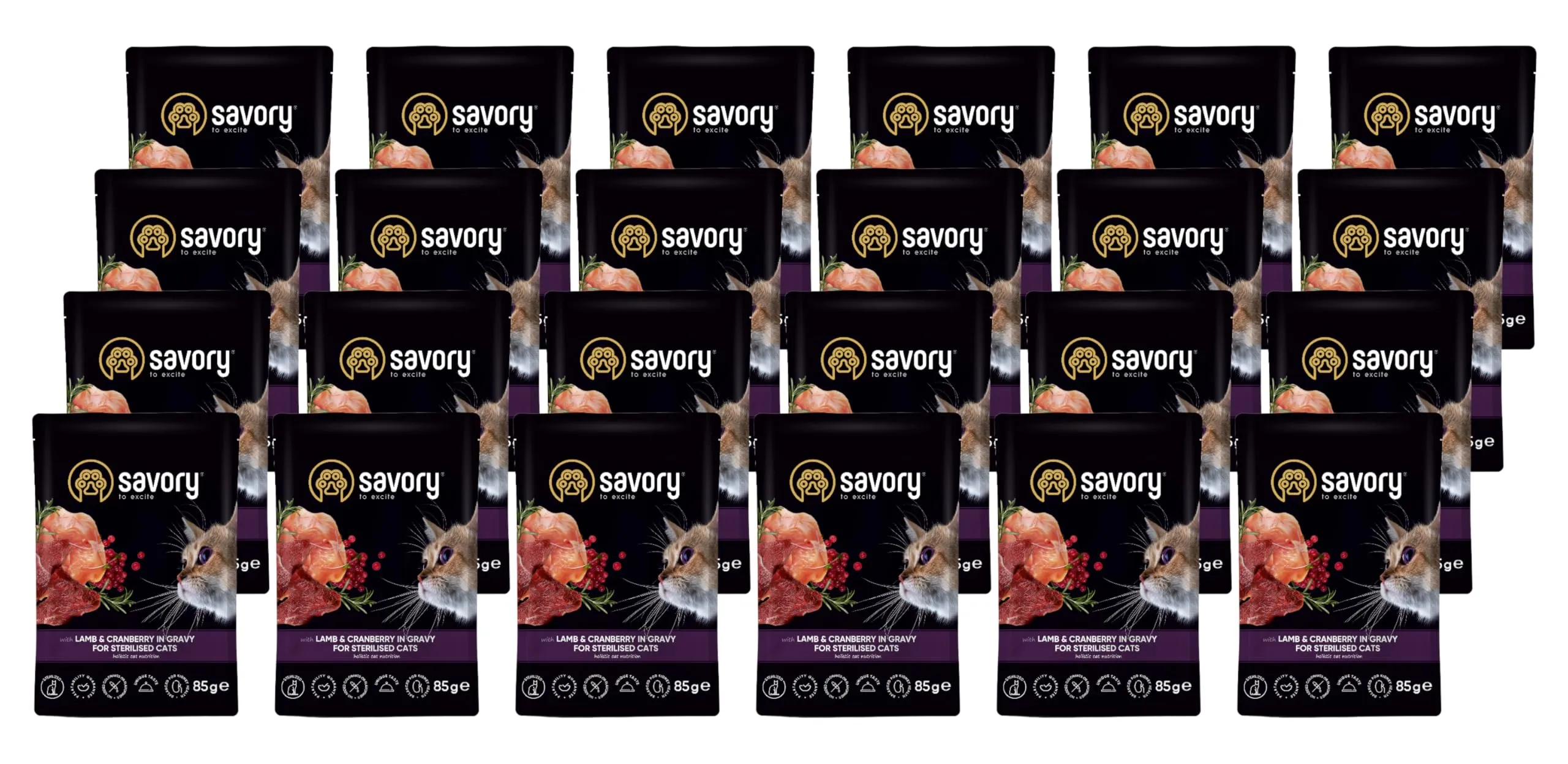 Savory - cibo umido per gatti - per Gatto adulto sterilizzato - Agnello e mirtilli rossi - pezzi di carne morbida, con taurina, vitamine E, D3, zinco - (24 x 85 g) - immagine 1