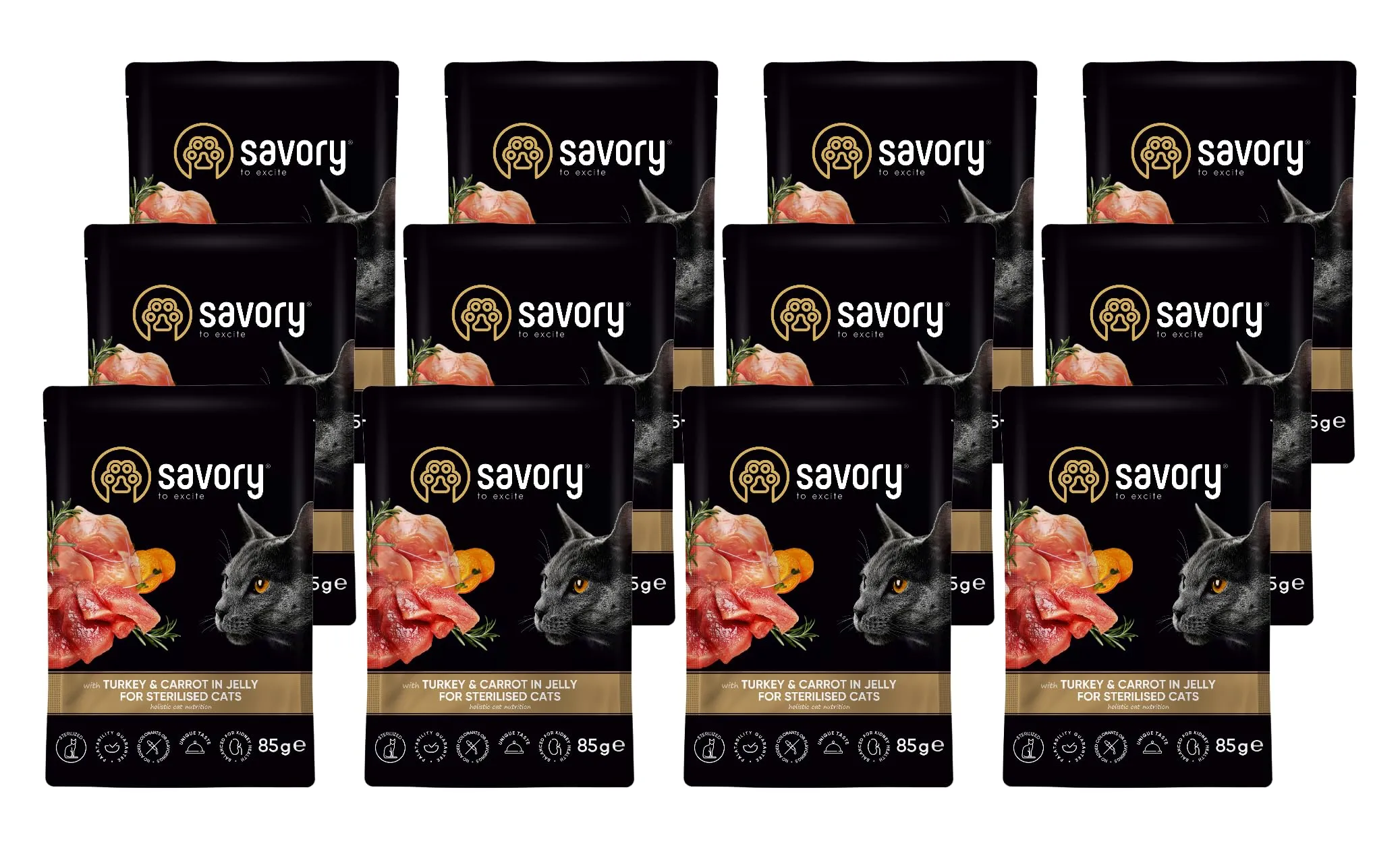 Savory - cibo umido per gatti - per Gatto adulto sterilizzato - Tacchino e carote - pezzi di carne morbida, con taurina, vitamine E, D3, zinco - (12 x 85 g) - immagine 1