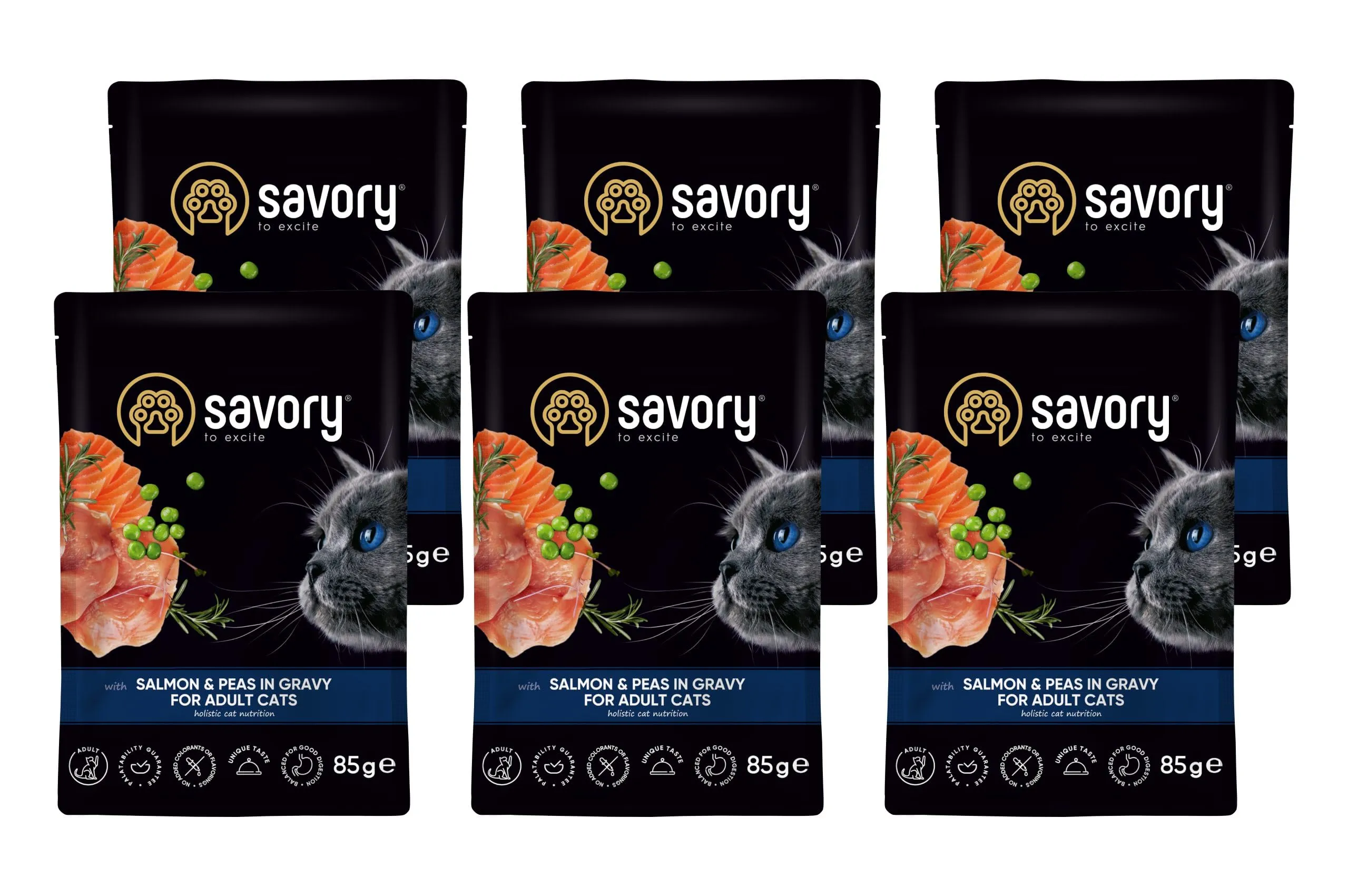 Savory - cibo umido per gatti - per Gatto adulto - Salmone e piselli - pezzi di carne morbida, con taurina, vitamine E, D3, zinco - (6 x 85 g) - immagine 1