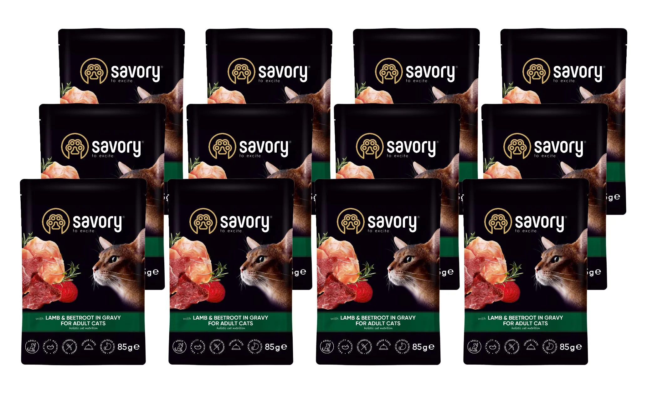 Savory - cibo umido per gatti - per Gatto adulto - Agnello e barbabietola - pezzi di carne morbida, con taurina, vitamine E, D3, zinco - (12 x 85 g) - immagine 1