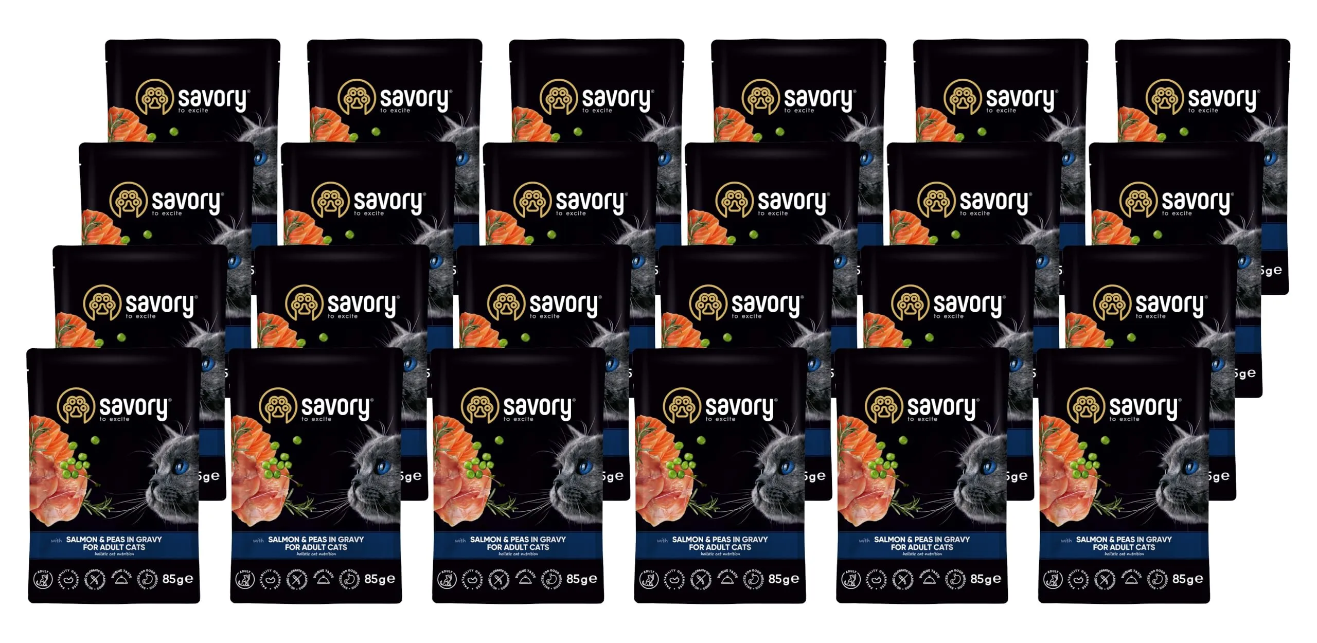 Savory - cibo umido per gatti - per Gatto adulto - Salmone e piselli - pezzi di carne morbida, con taurina, vitamine E, D3, zinco - (24 x 85 g) - immagine 1