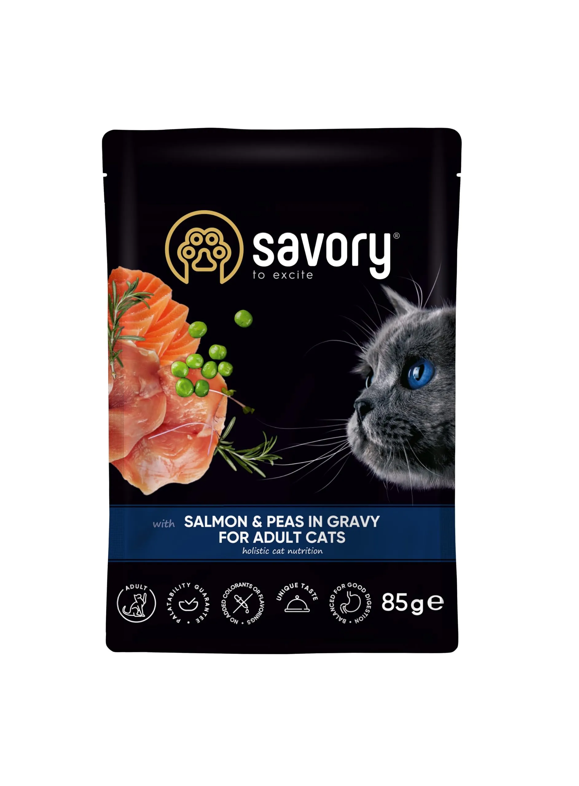 Savory - cibo umido per gatti - per Gatto adulto - Salmone e piselli - pezzi di carne morbida, con taurina, vitamine E, D3, zinco - (24 x 85 g) - immagine 2