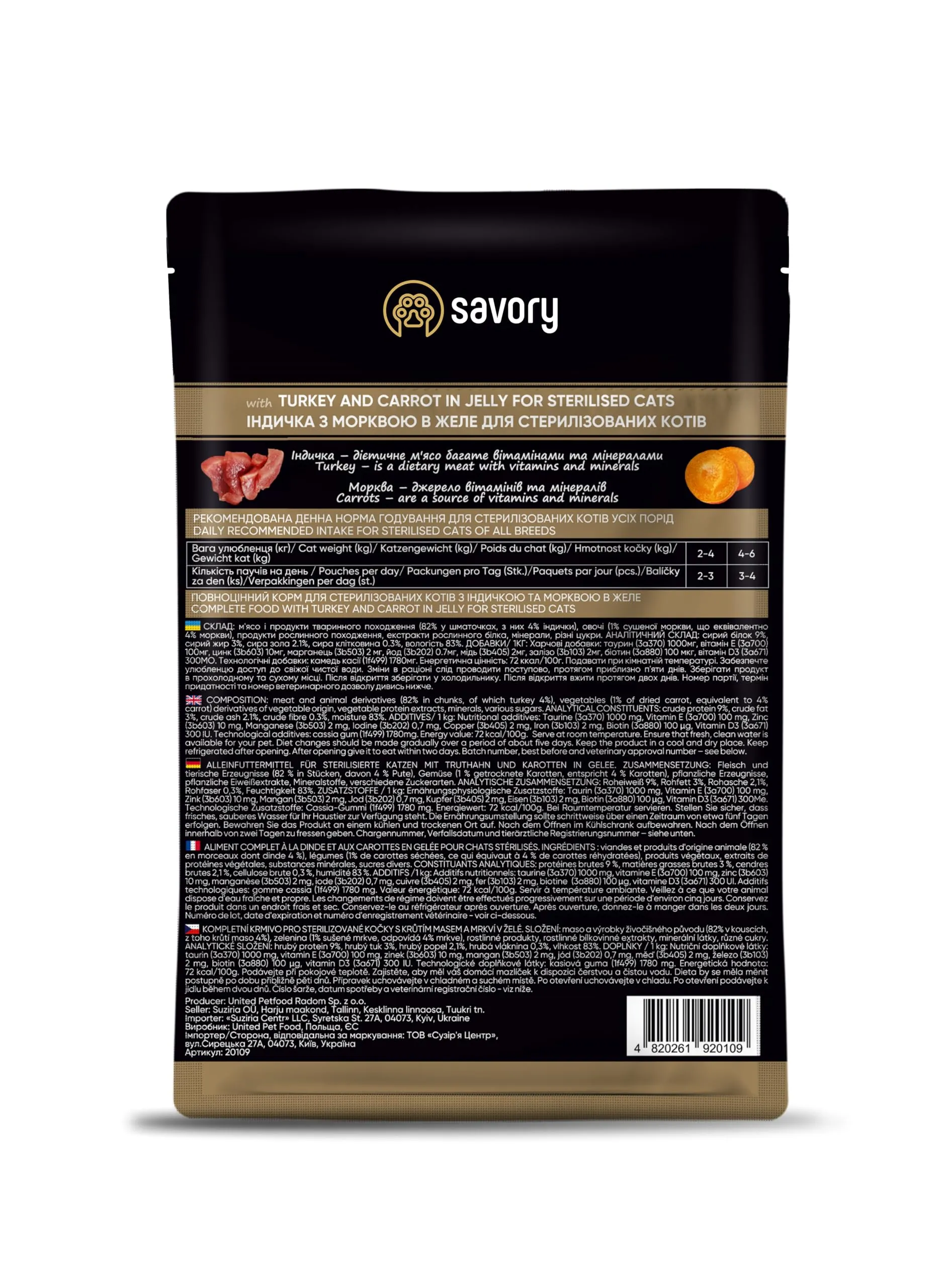 Savory - cibo umido per gatti - per Gatto adulto sterilizzato - Tacchino e carote - pezzi di carne morbida, con taurina, vitamine E, D3, zinco - (24 x 85 g) - immagine 3