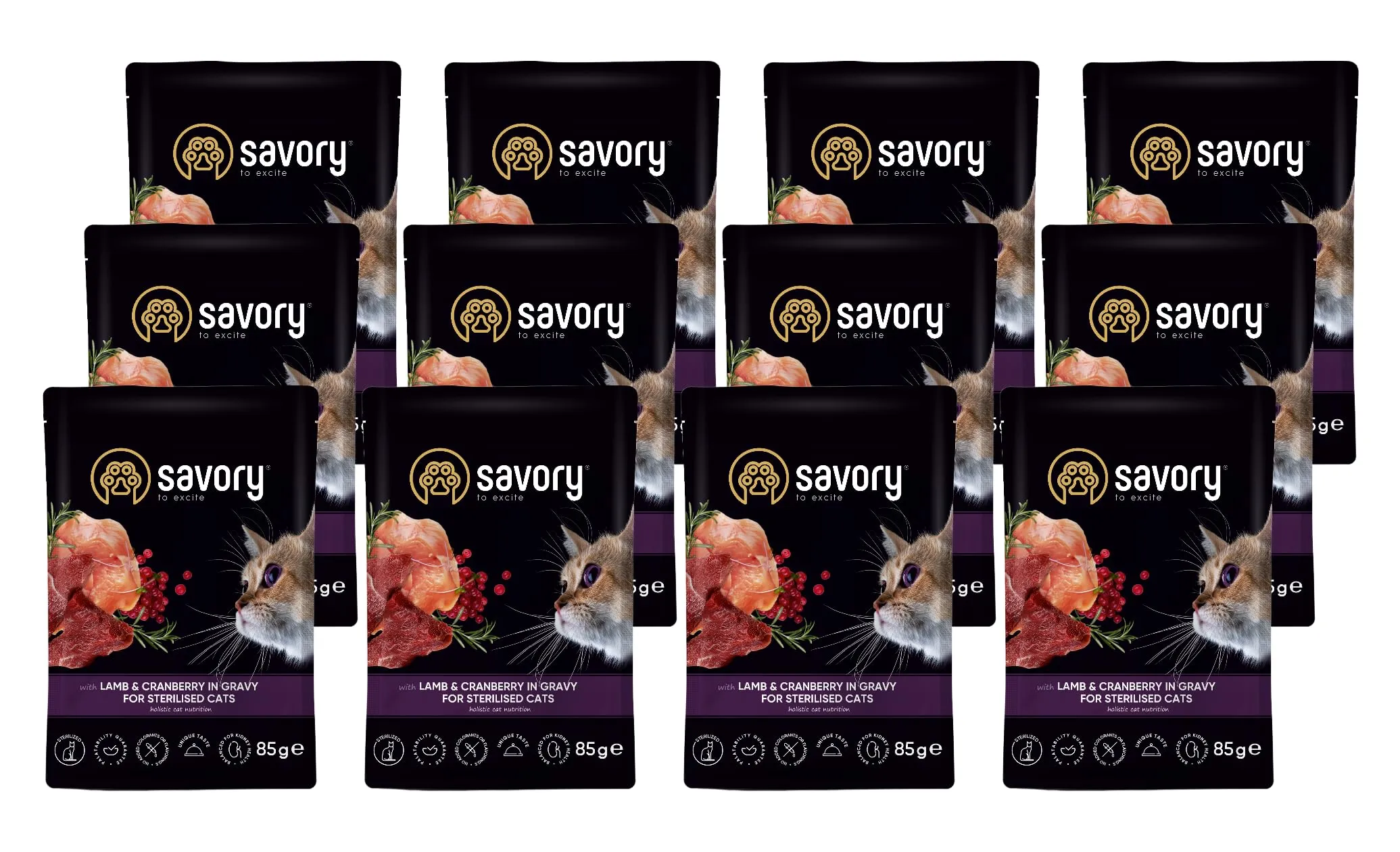 Savory - cibo umido per gatti - per Gatto adulto sterilizzato - Agnello e mirtilli rossi - pezzi di carne morbida, con taurina, vitamine E, D3, zinco - (12 x 85 g) - immagine 1