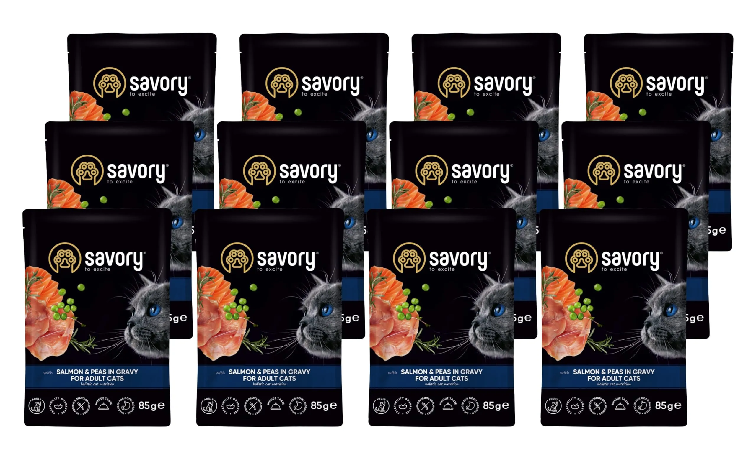 Savory - cibo umido per gatti - per Gatto adulto - Salmone e piselli - pezzi di carne morbida, con taurina, vitamine E, D3, zinco - (12 x 85 g) - immagine 1