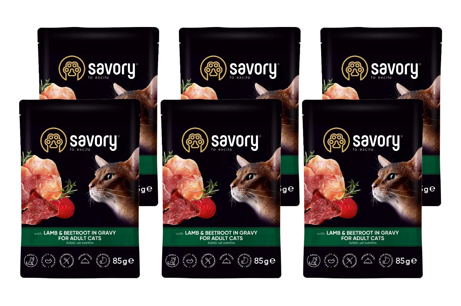 Savory - cibo umido per gatti - per Gatto adulto - Agnello e barbabietola - pezzi di carne morbida, con taurina, vitamine E, D3, zinco - (6 x 85 g) - immagine 1