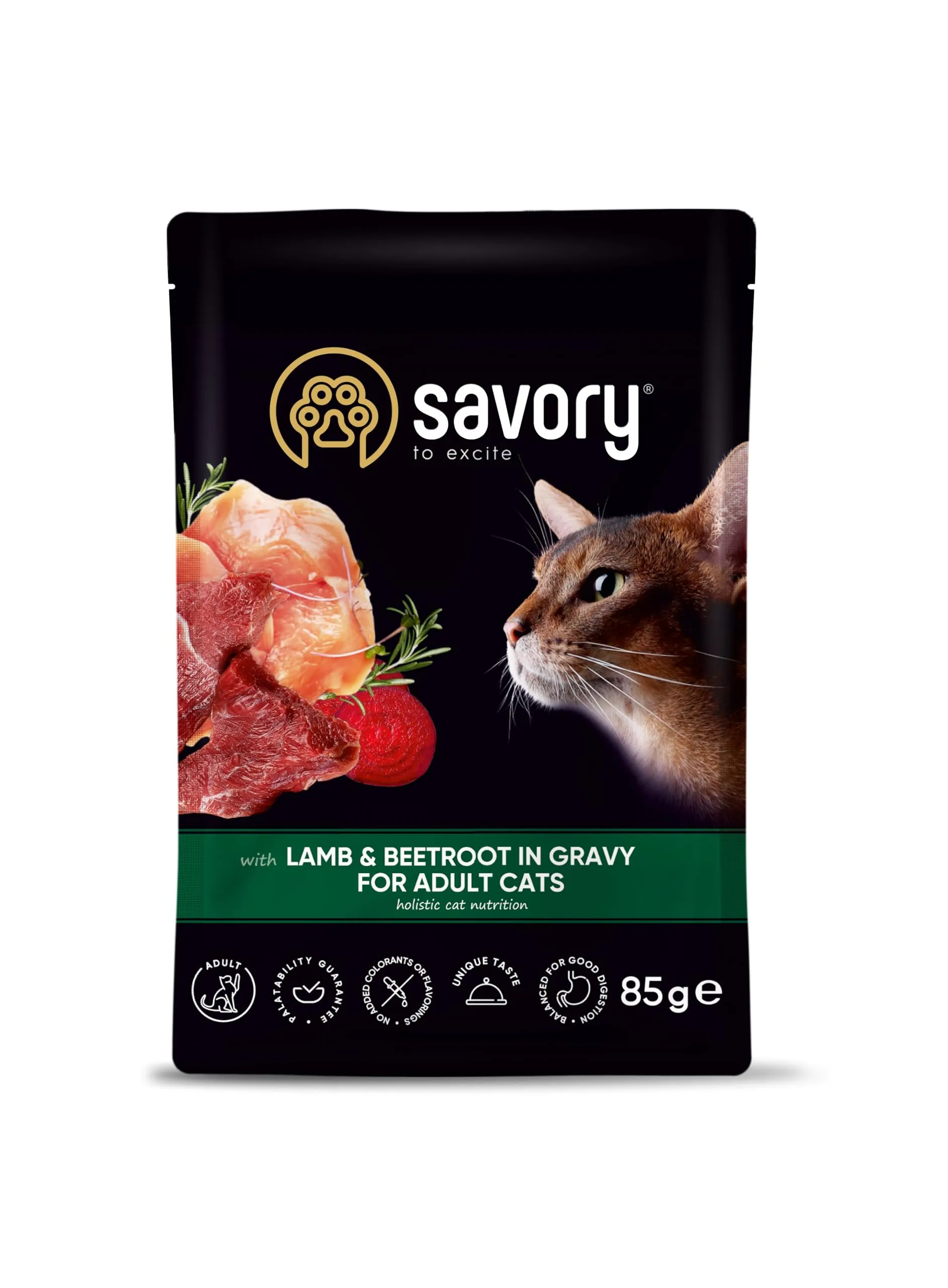 Savory - cibo umido per gatti - per Gatto adulto - Agnello e barbabietola - pezzi di carne morbida, con taurina, vitamine E, D3, zinco - (6 x 85 g) - immagine 2