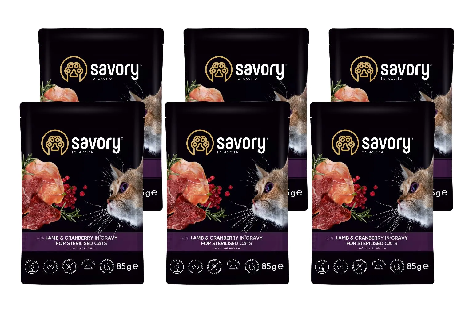 Savory - cibo umido per gatti - per Gatto adulto sterilizzato - Agnello e mirtilli rossi - pezzi di carne morbida, con taurina, vitamine E, D3, zinco - (6 x 85 g) - immagine 1