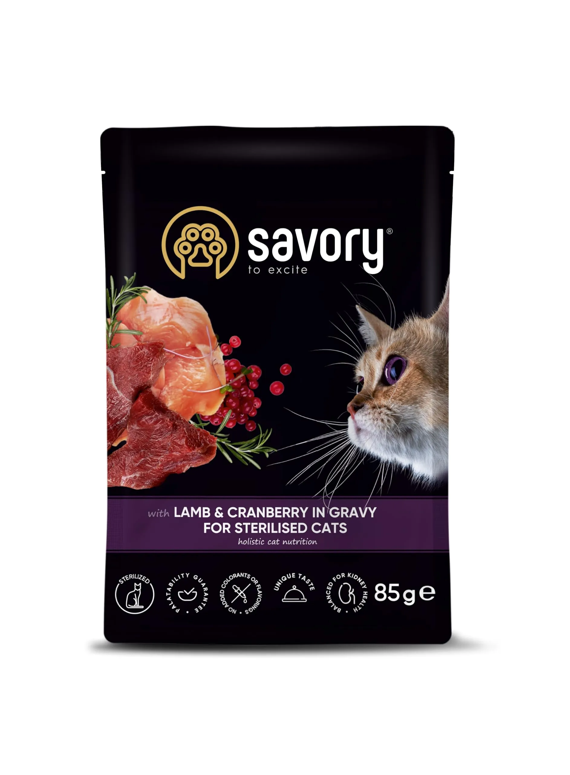 Savory - cibo umido per gatti - per Gatto adulto sterilizzato - Agnello e mirtilli rossi - pezzi di carne morbida, con taurina, vitamine E, D3, zinco - (6 x 85 g) - immagine 2