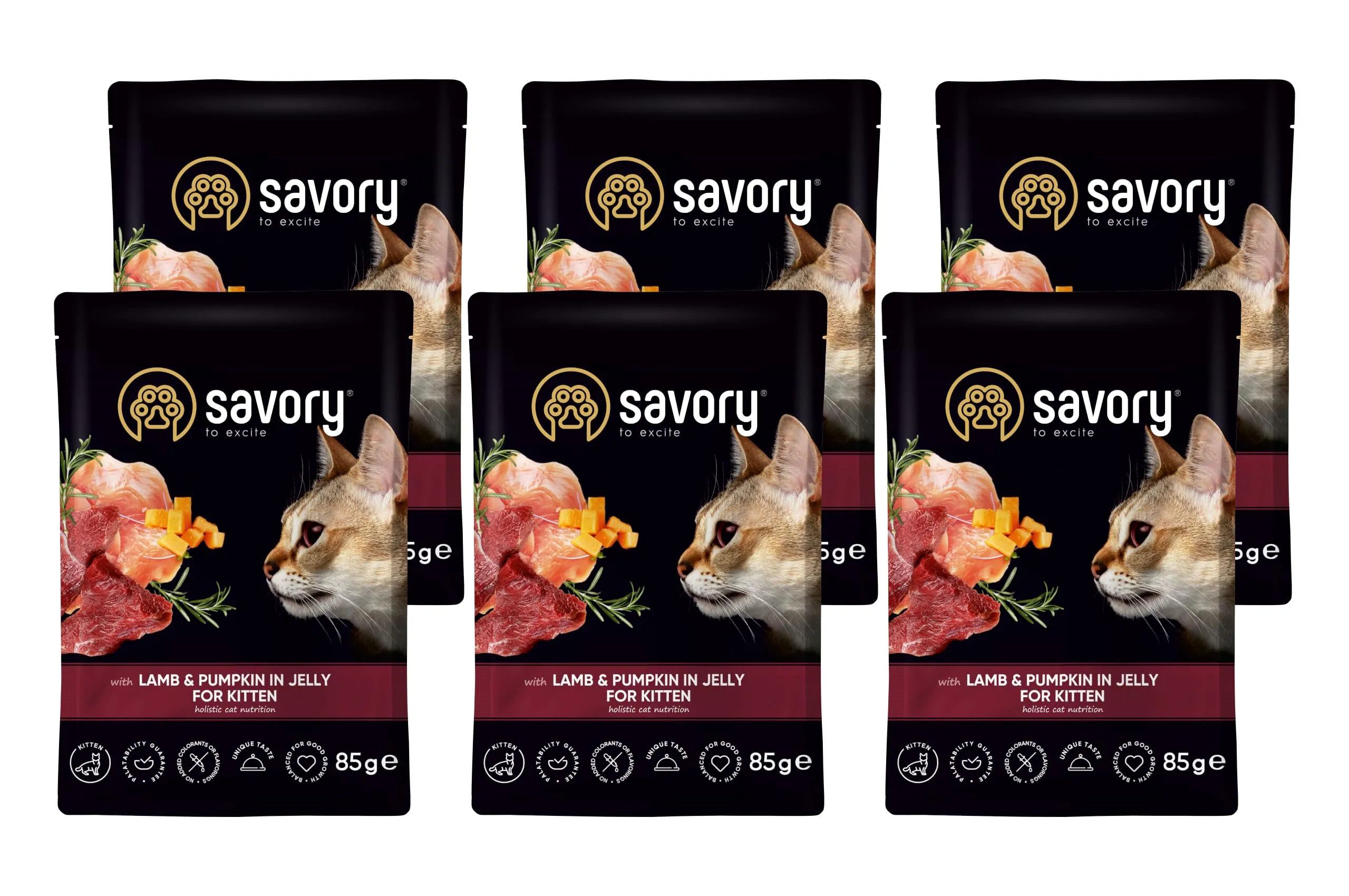 Savory - cibo umido per gatti - per Gattino - Agnello e zucca - pezzi di carne morbida, con taurina, vitamine E, D3, zinco - (6 x 85 g) - immagine 1