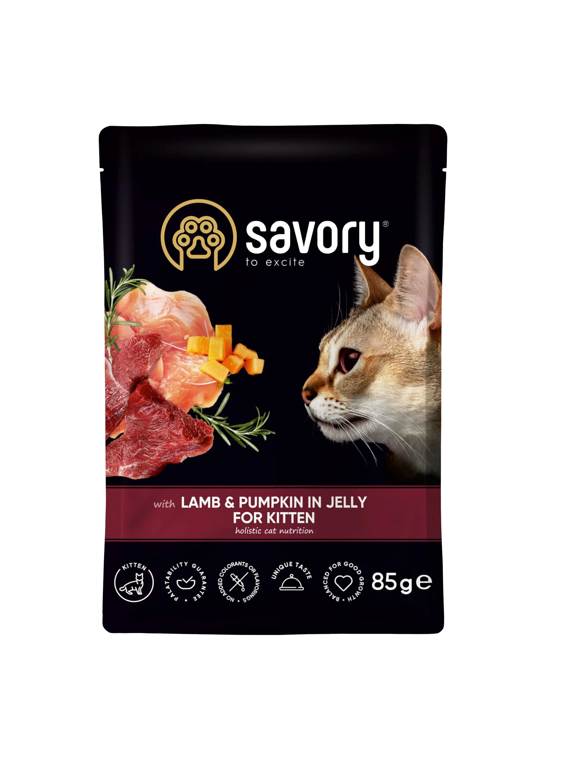 Savory - cibo umido per gatti - per Gattino - Agnello e zucca - pezzi di carne morbida, con taurina, vitamine E, D3, zinco - (6 x 85 g) - immagine 2