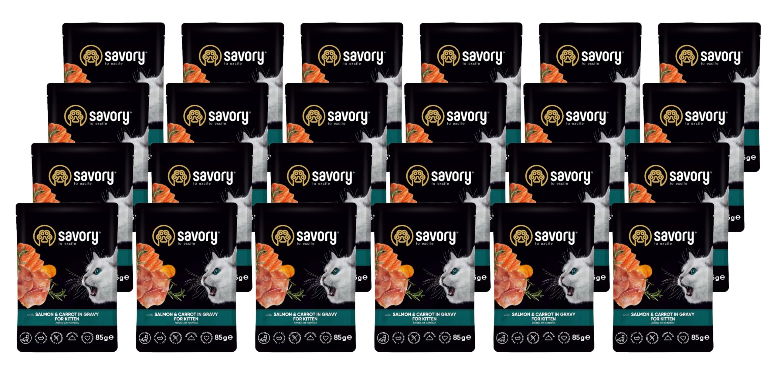 Savory - cibo umido per gatti - per Gattino - Salmone e carote - pezzi di carne morbida, con taurina, vitamine E, D3, zinco - (24 x 85 g) - immagine 1