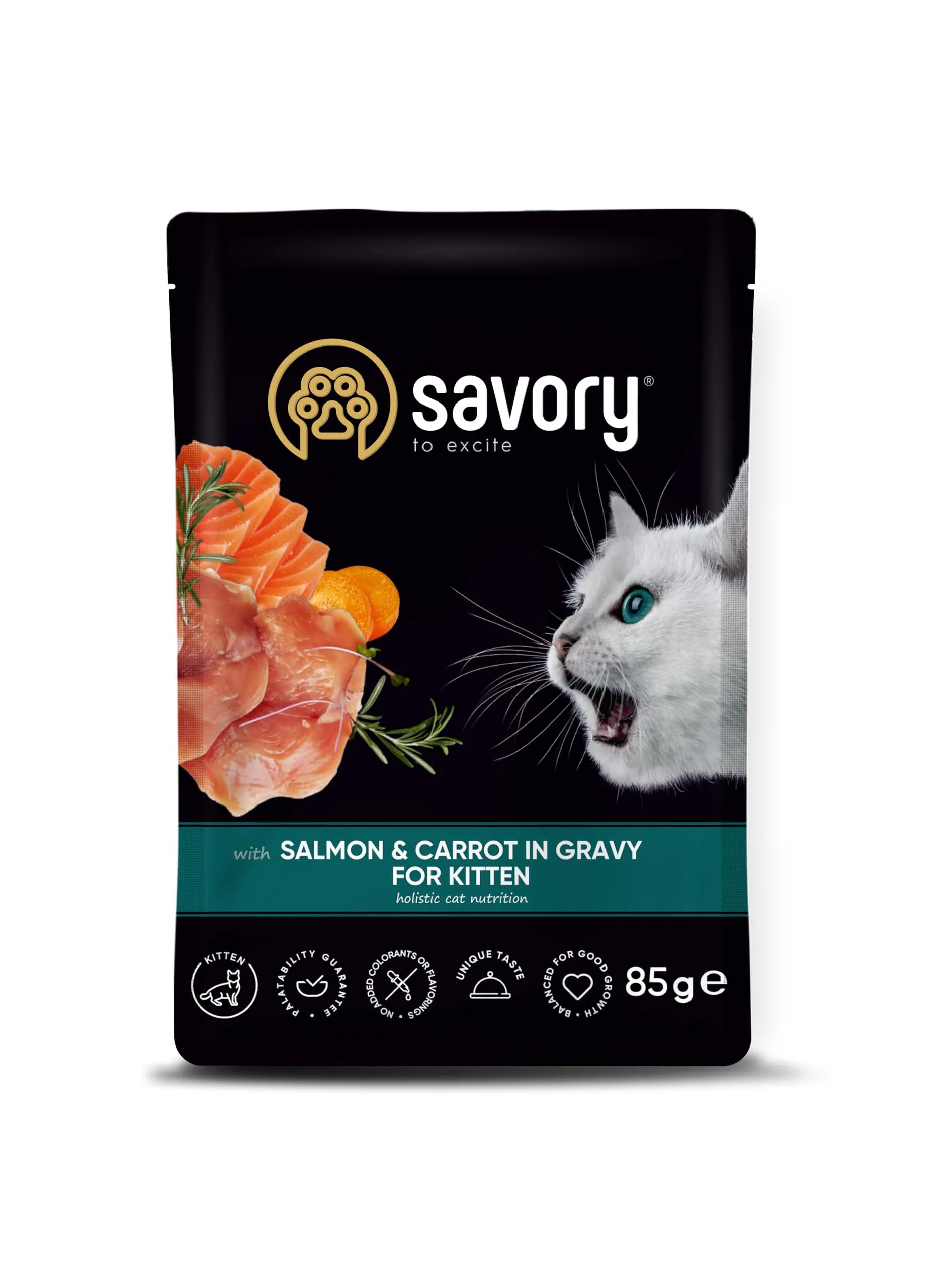 Savory - cibo umido per gatti - per Gattino - Salmone e carote - pezzi di carne morbida, con taurina, vitamine E, D3, zinco - (24 x 85 g) - immagine 2