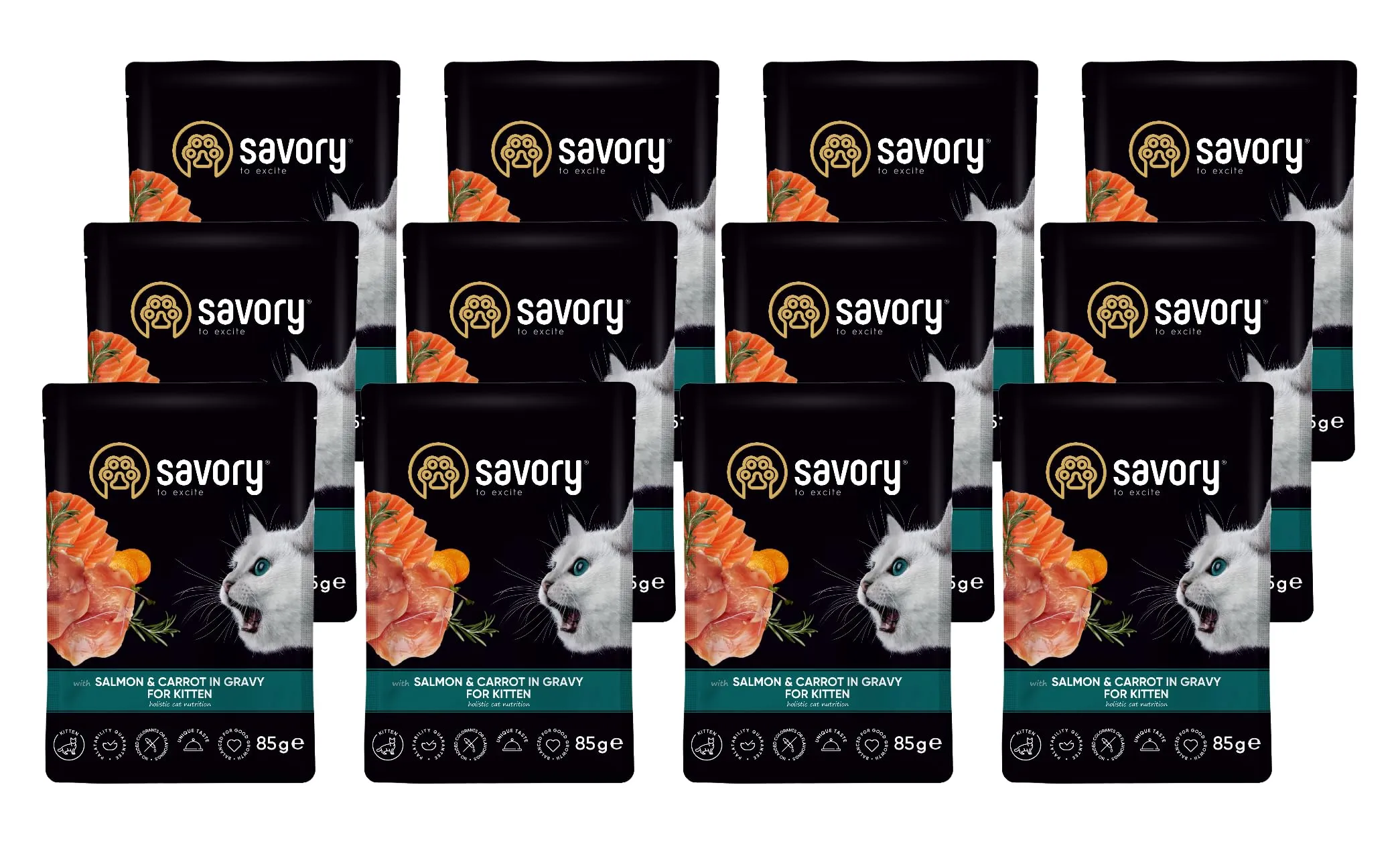Savory - cibo umido per gatti - per Gattino - Salmone e carote - pezzi di carne morbida, con taurina, vitamine E, D3, zinco - (12 x 85 g) - immagine 1