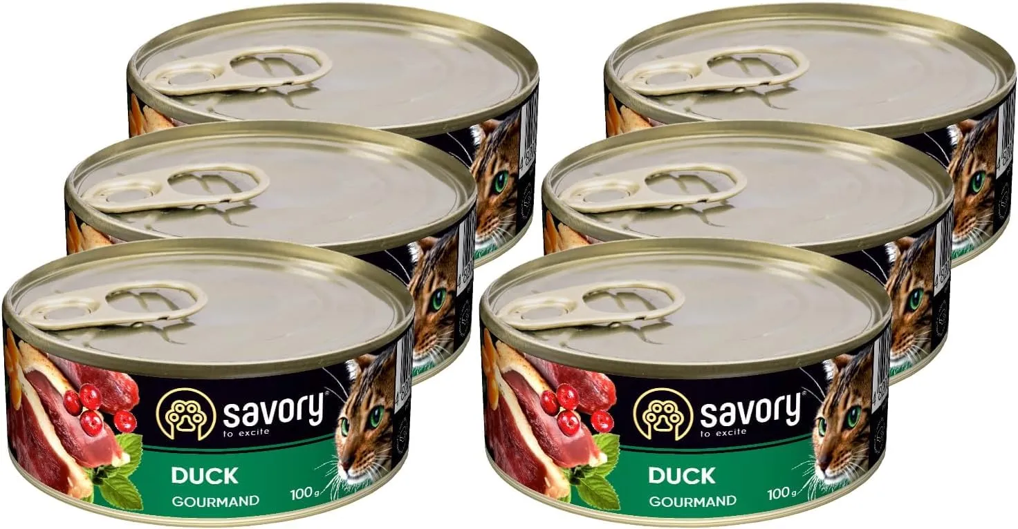Savory - cibo umido per gatti - per Gatto adulto - Anatra - pezzi di carne morbida, con taurina, vitamine E, D3, zinco - (12 x 400 g) - immagine 1