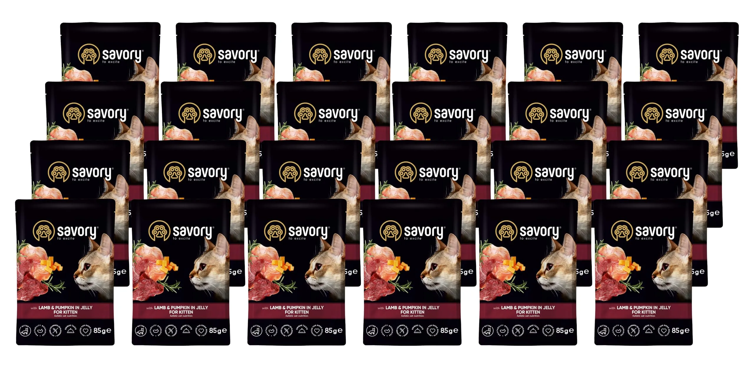 Savory - cibo umido per gatti - per Gattino - Agnello e zucca - pezzi di carne morbida, con taurina, vitamine E, D3, zinco - (24 x 85 g) - immagine 1