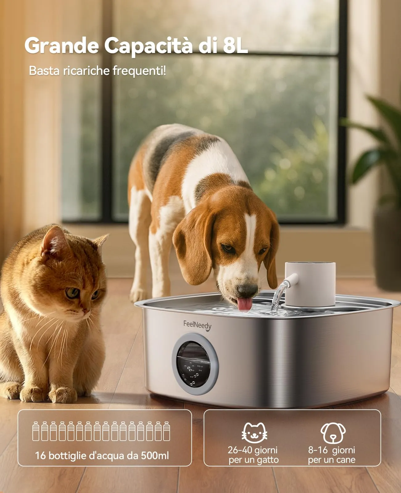 FEELNEEDY 8L Fontanella per Cani senza Fili con 3 Filtri, 5000 mAh Batteria - immagine 3