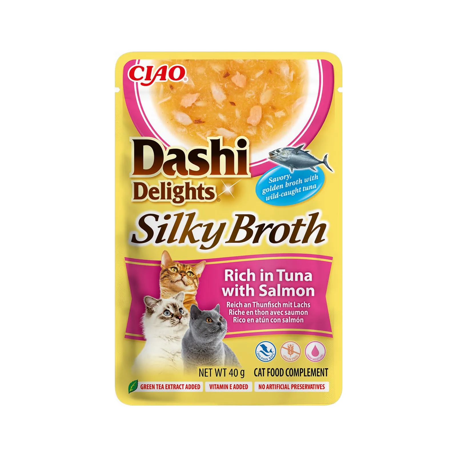 INABA Dashi Delights Silky Broth, Brodo per Gatti al Tonno e Salmone, Cibo Umido Ricco di Proteine, Ingredienti Naturali, Snack Umido per Gatti, Zuppa, 12 Confezioni da 40 g - immagine 2
