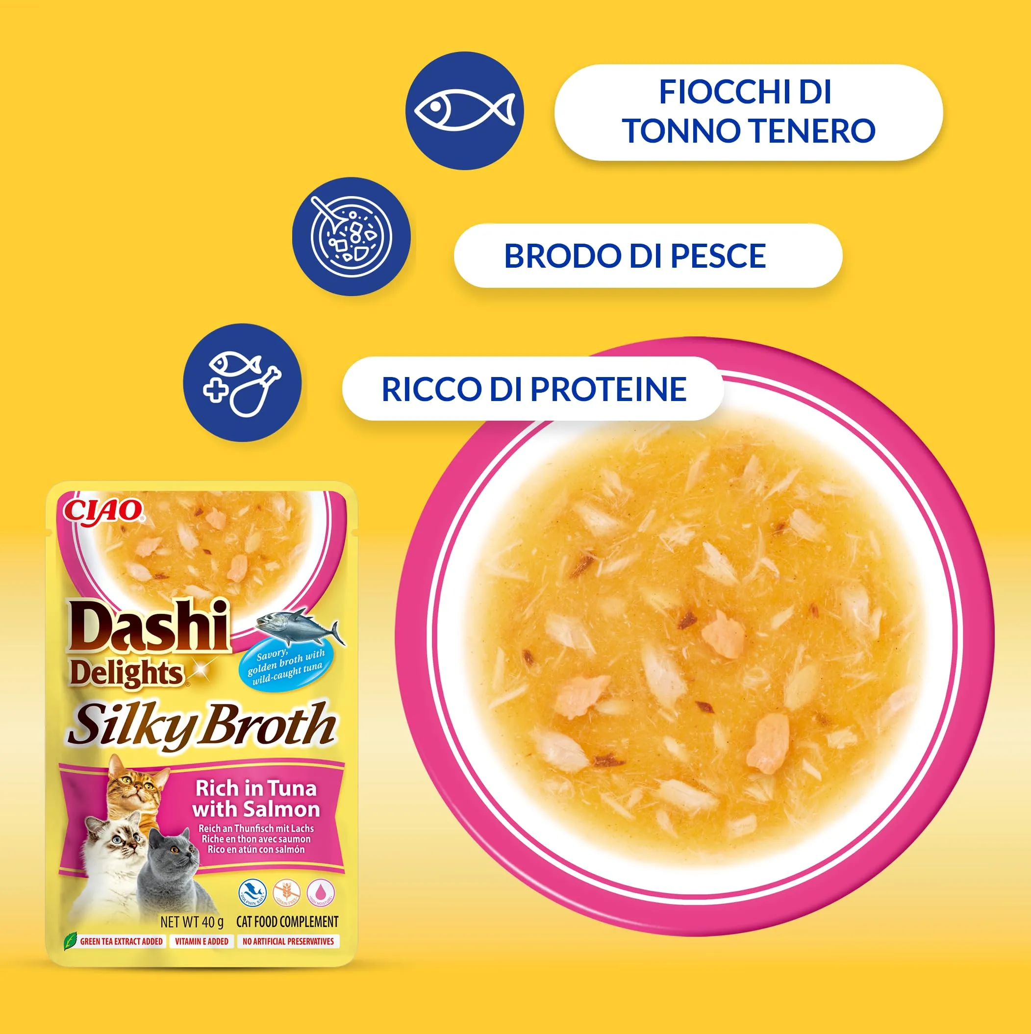 INABA Dashi Delights Silky Broth, Brodo per Gatti al Tonno e Salmone, Cibo Umido Ricco di Proteine, Ingredienti Naturali, Snack Umido per Gatti, Zuppa, 12 Confezioni da 40 g - immagine 4