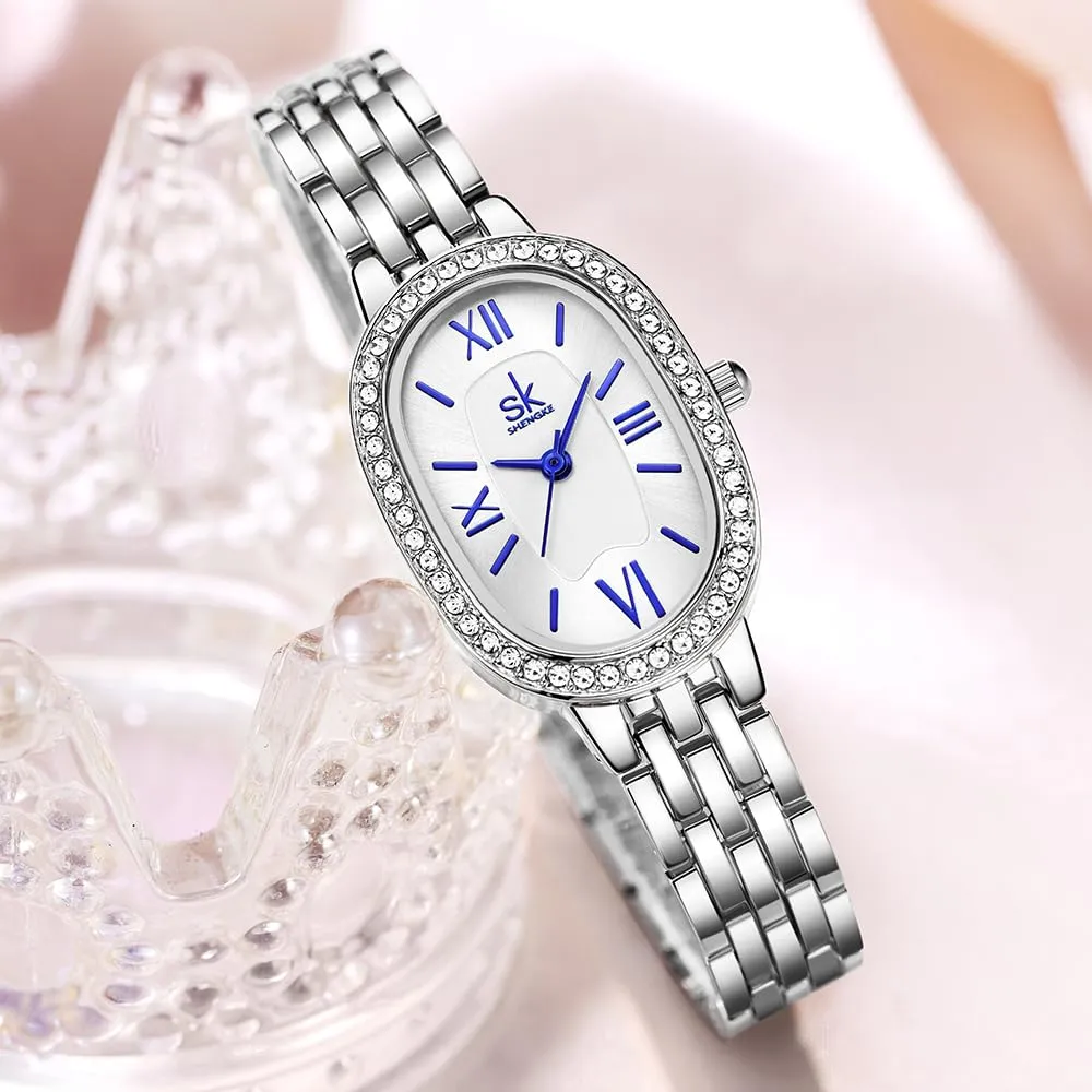 SHENGKE SK Orologio da donna con bracciale in acciaio massiccio a forma di ovale e accessoriato con cristalli (Argento-Blu) - immagine 2