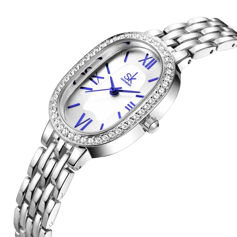 SHENGKE SK Orologio da donna con bracciale in acciaio massiccio a forma di ovale e accessoriato con cristalli (Argento-Blu) - immagine 3