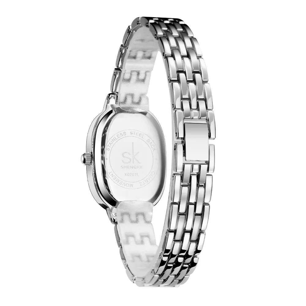 SHENGKE SK Orologio da donna con bracciale in acciaio massiccio a forma di ovale e accessoriato con cristalli (Argento-Blu) - immagine 4