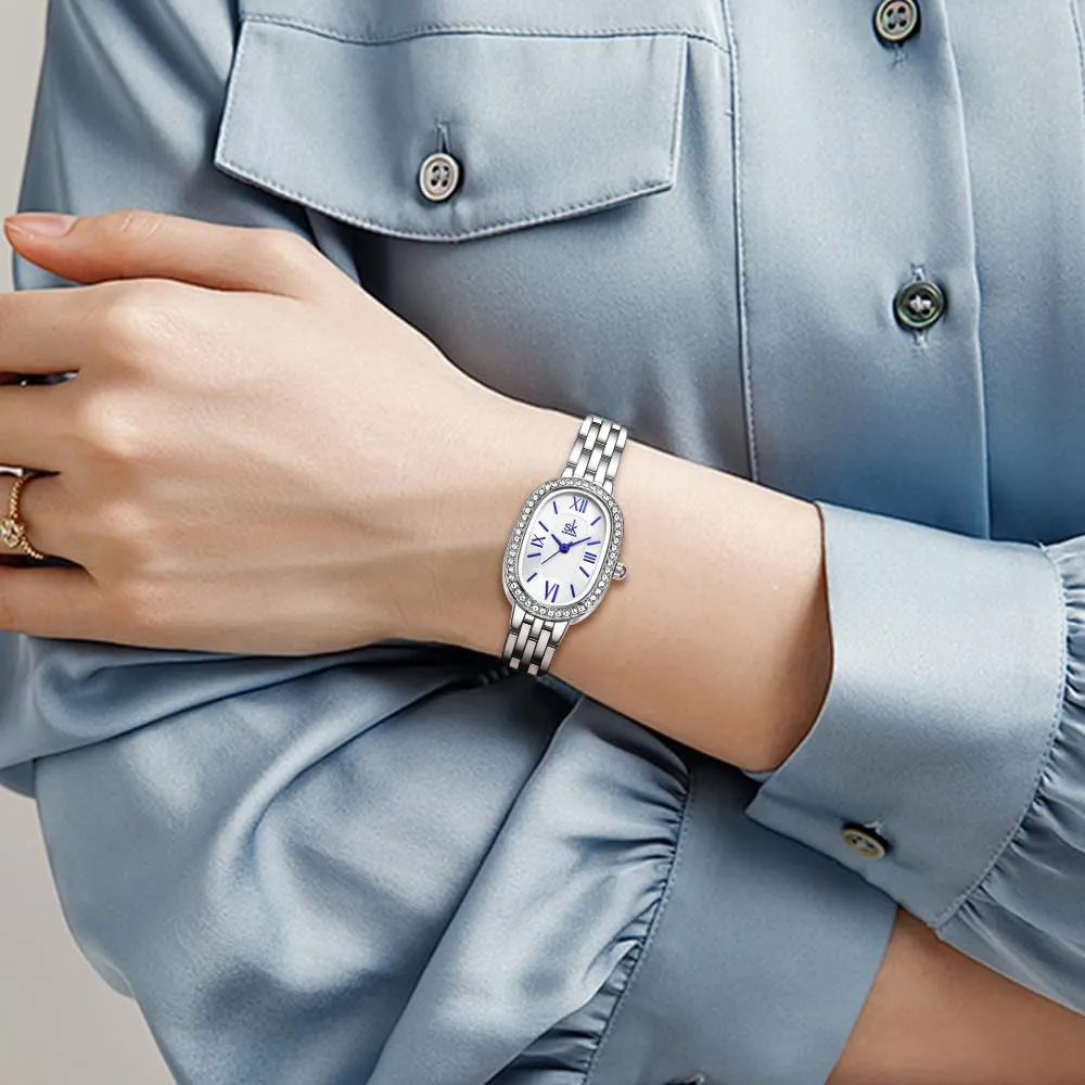 SHENGKE SK Orologio da donna con bracciale in acciaio massiccio a forma di ovale e accessoriato con cristalli (Argento-Blu) - immagine 5