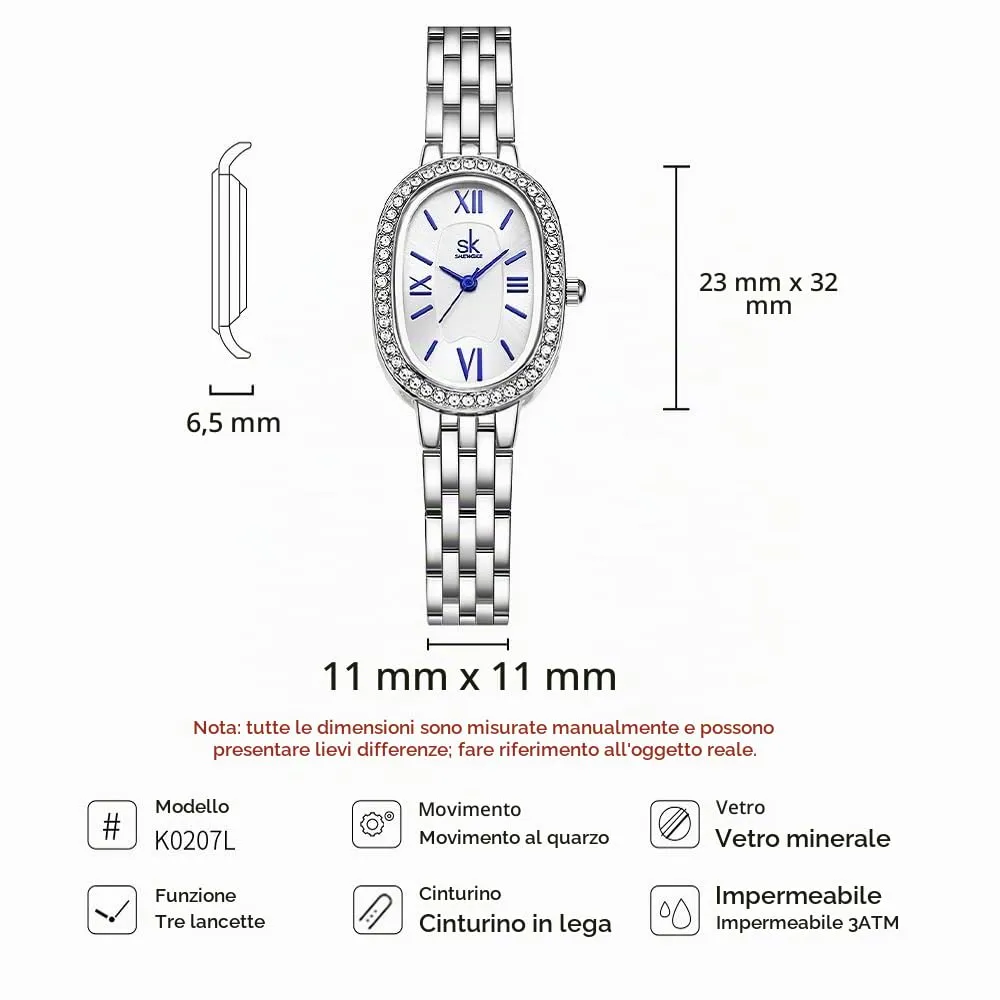 SHENGKE SK Orologio da donna con bracciale in acciaio massiccio a forma di ovale e accessoriato con cristalli (Argento-Blu) - immagine 6