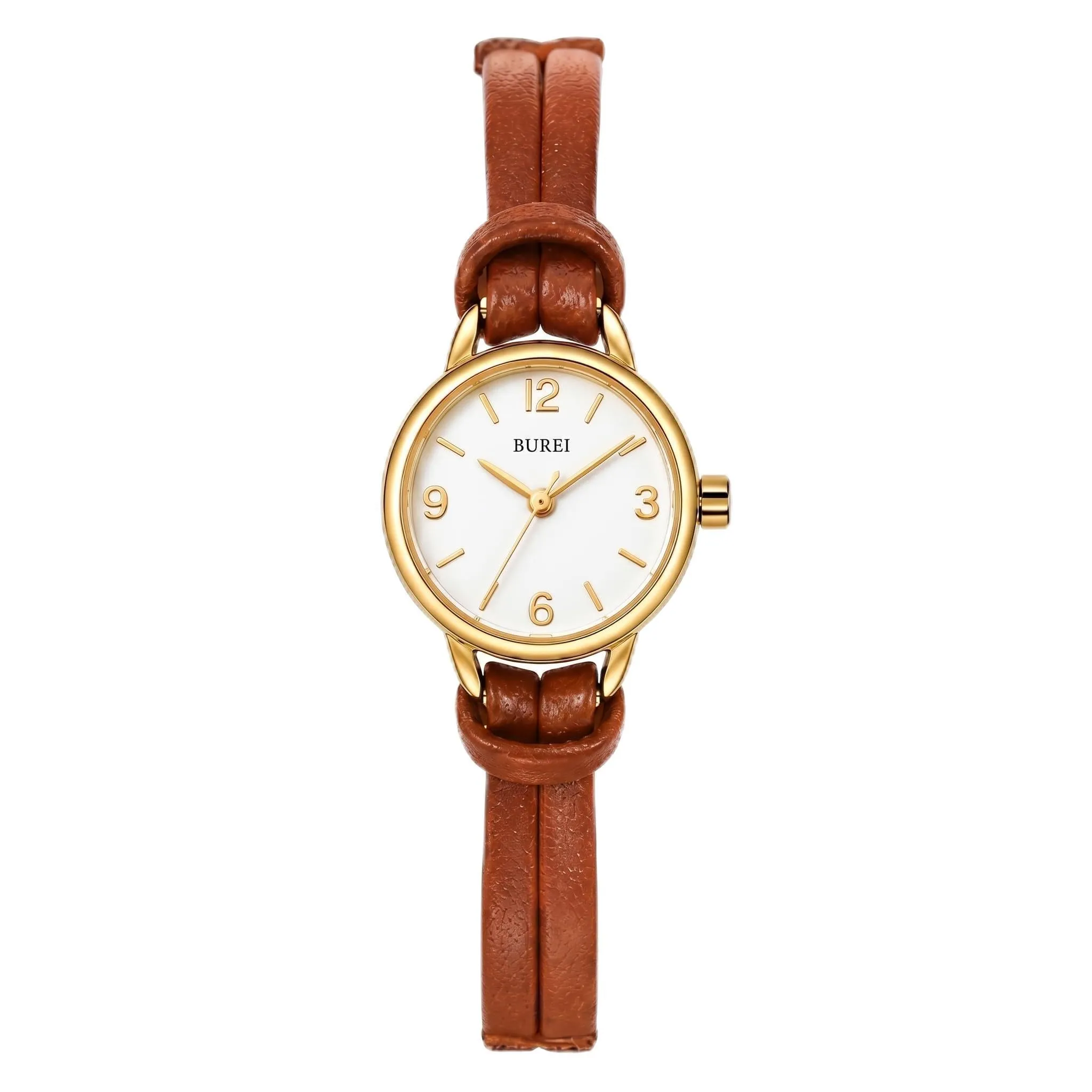 BUREI Mini orologio da donna analogico al quarzo, elegante orologio da polso da donna con cinturino in pelle per donne, Nero, Minimalista (Oro marrone) - immagine 1