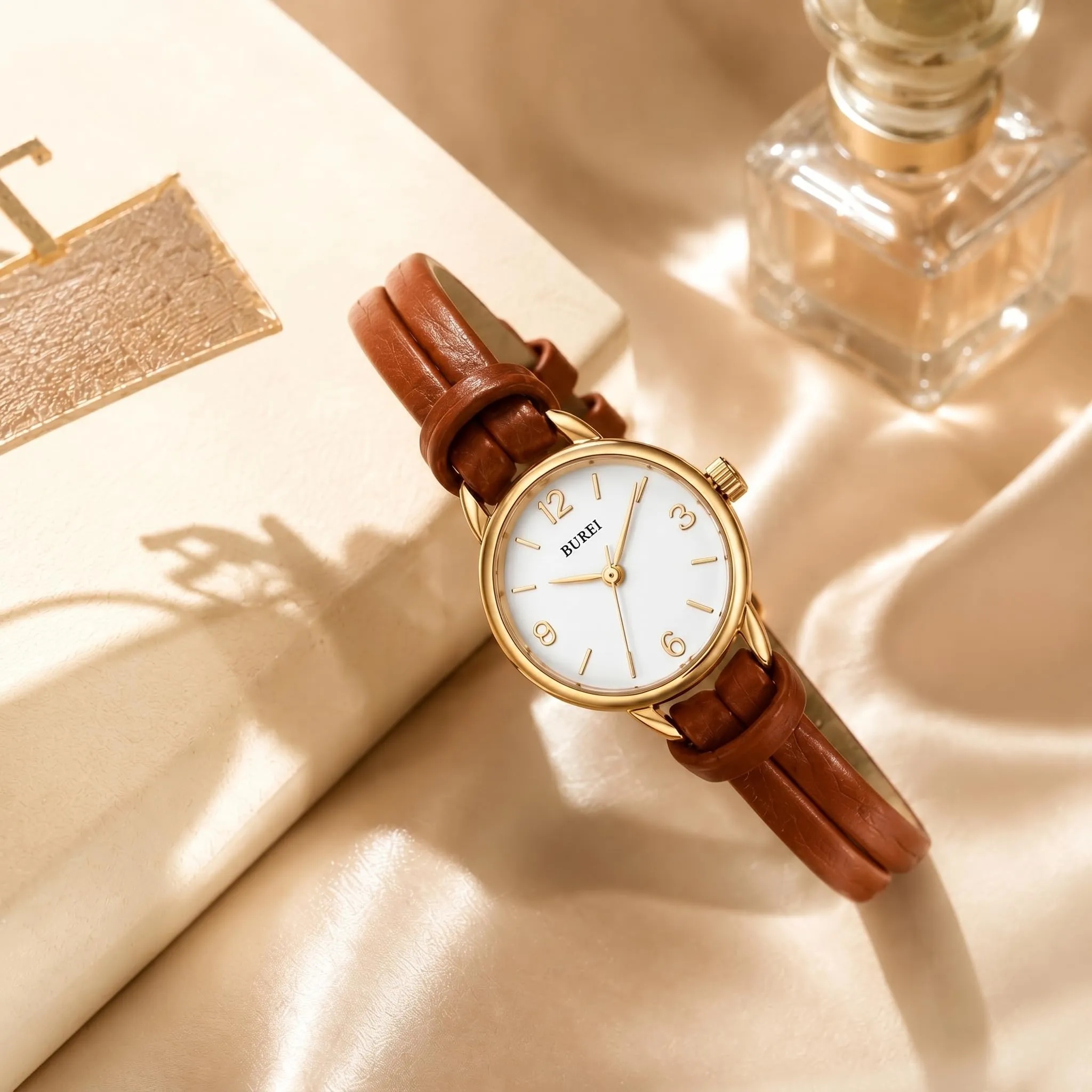 BUREI Mini orologio da donna analogico al quarzo, elegante orologio da polso da donna con cinturino in pelle per donne, Nero, Minimalista (Oro marrone) - immagine 2
