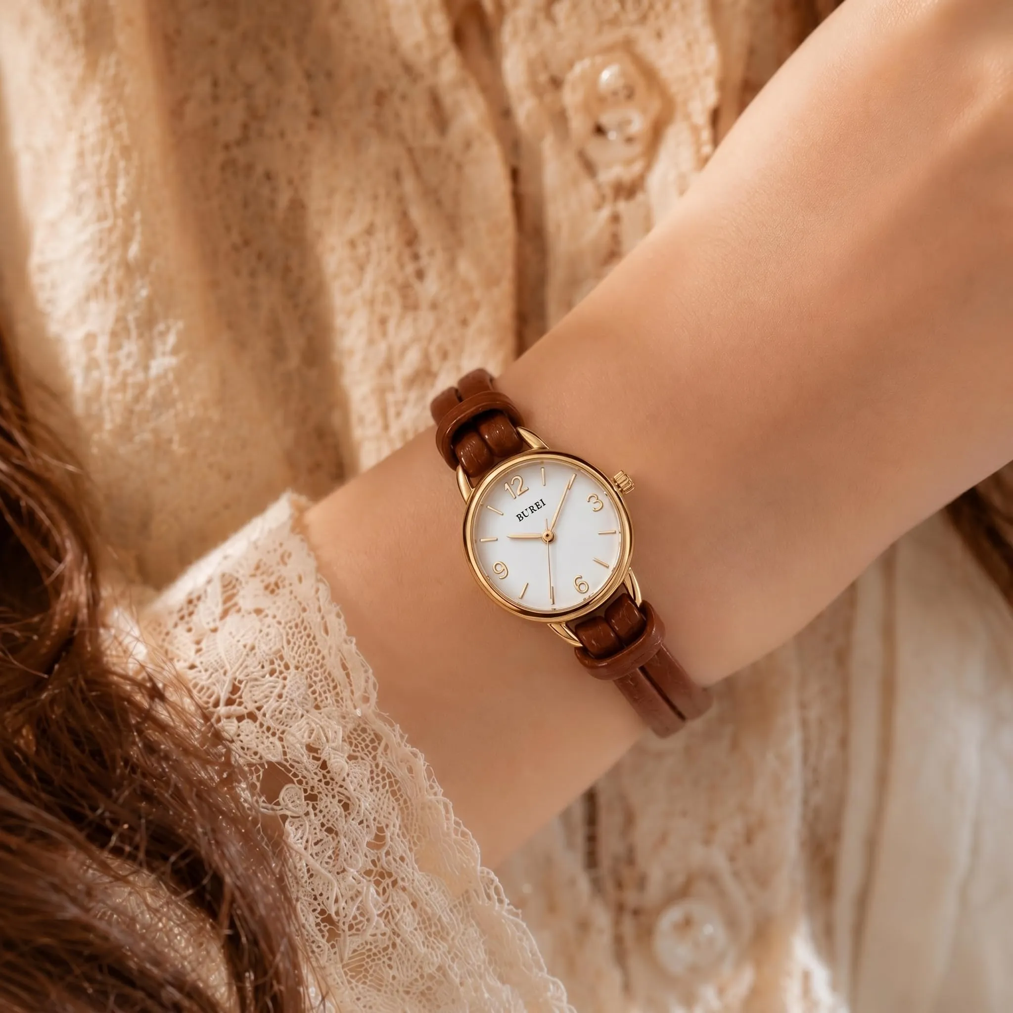 BUREI Mini orologio da donna analogico al quarzo, elegante orologio da polso da donna con cinturino in pelle per donne, Nero, Minimalista (Oro marrone) - immagine 3