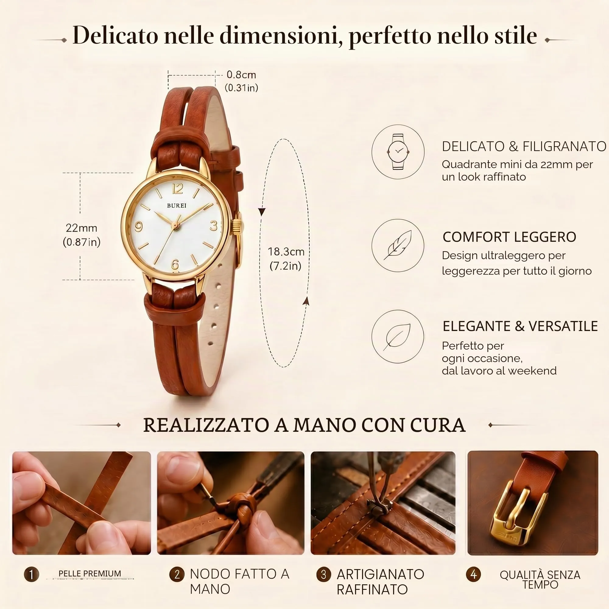 BUREI Mini orologio da donna analogico al quarzo, elegante orologio da polso da donna con cinturino in pelle per donne, Nero, Minimalista (Oro marrone) - immagine 5
