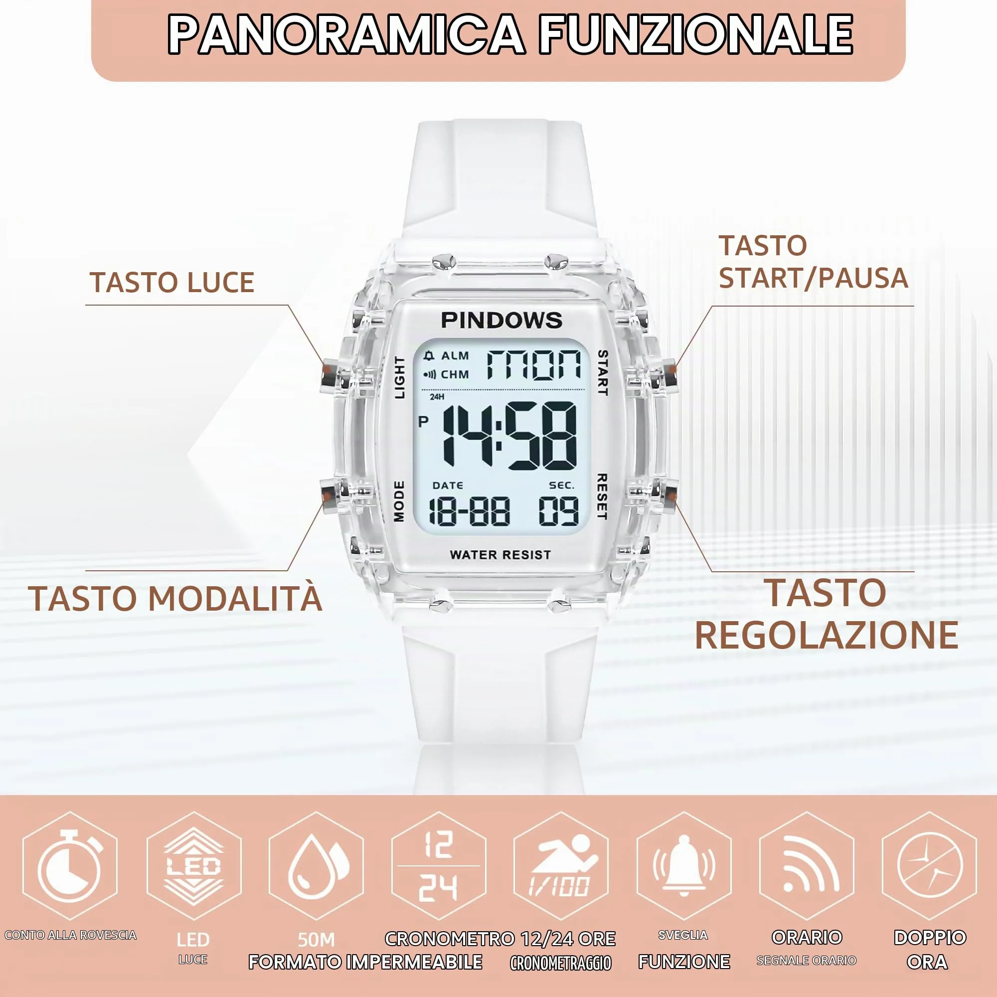 Donna Orologio per Donna Adolescenti Orologio sportivo Digitale Orologi Studenti Orologi Impermeabili con Allarme Cronometro Conto Alla Rovescia Dual-Time Suoneria Oraria Funzione Alta Luminosità Luce - immagine 2