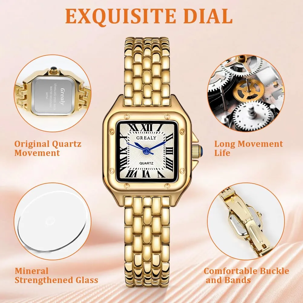 AOOSU Orologio da Donna, Orologio Donna Piccolo, Orologios Analogico al Quarzo con Cinturino in Acciaio, Cassa Rettangolare Quadrante Romano (Oro con Quadrante Bianco) - immagine 3