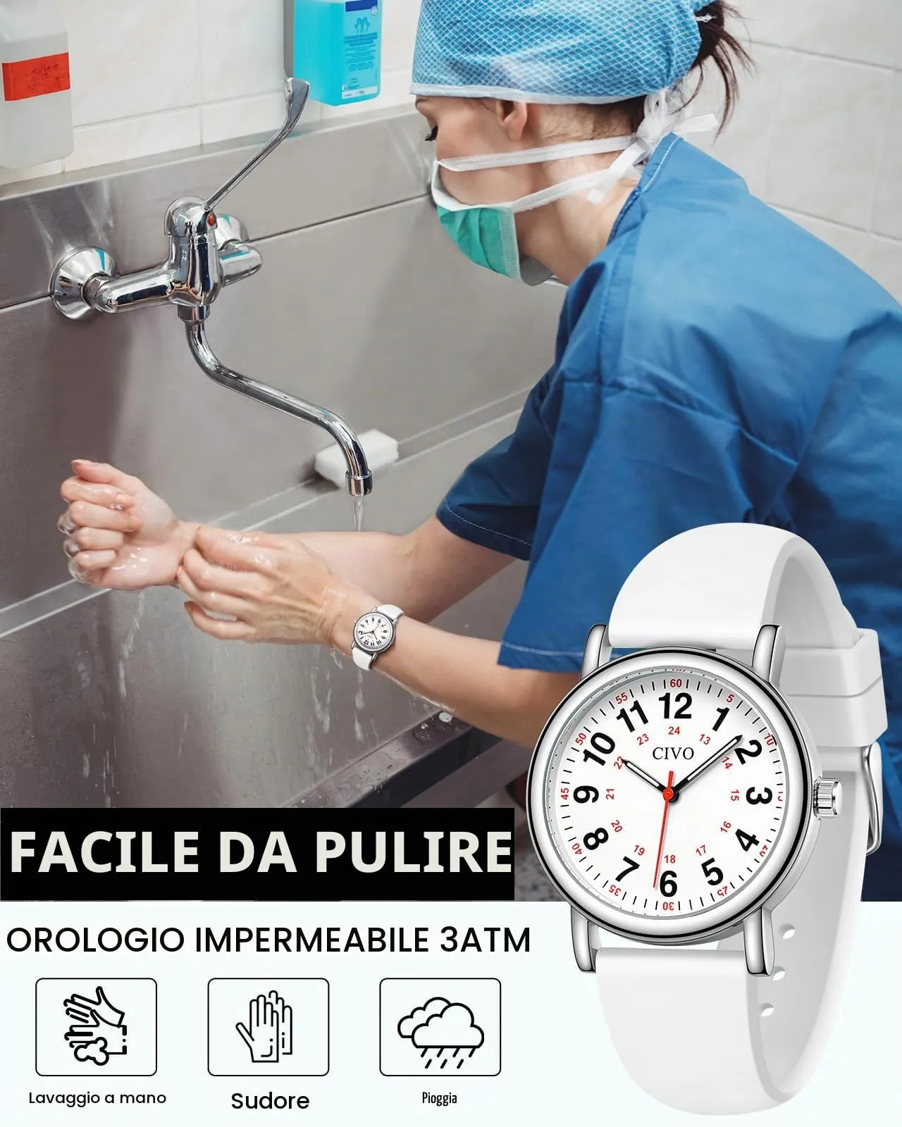 CIVO Orologio Infermiere Unisex Analogico: Orologi da Polso Impermeabile con Quadrante di Facile Lettura - Regalo per Donna Uomo Studente di Medicina - immagine 2
