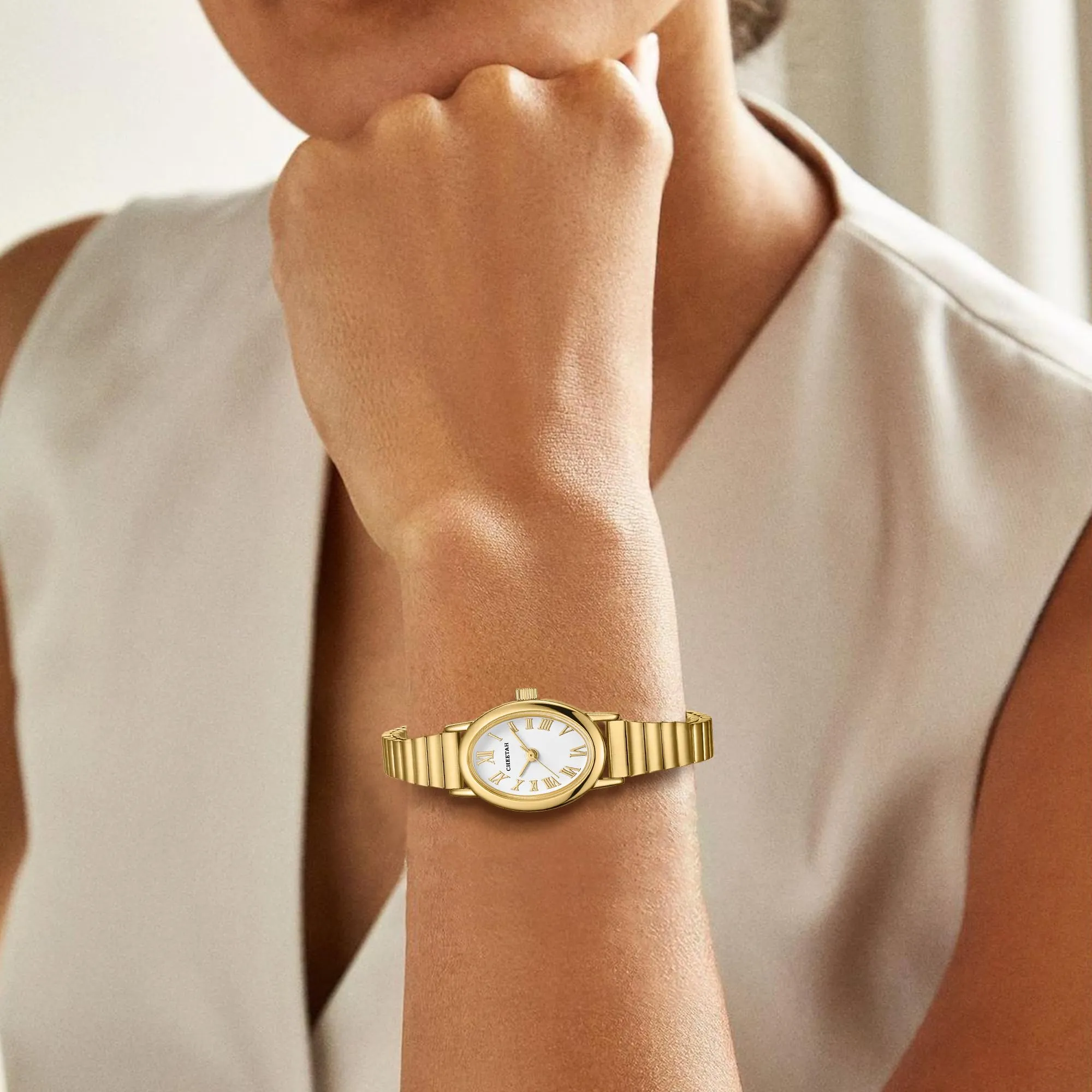 CHEETAH Orologio Donna Dorato Elegante al Quarzo: Orologio Impermeabile con Cinturino Regolabile in Acciaio Inossidabile e Quadrante Semplice con Numeri Romani - immagine 7