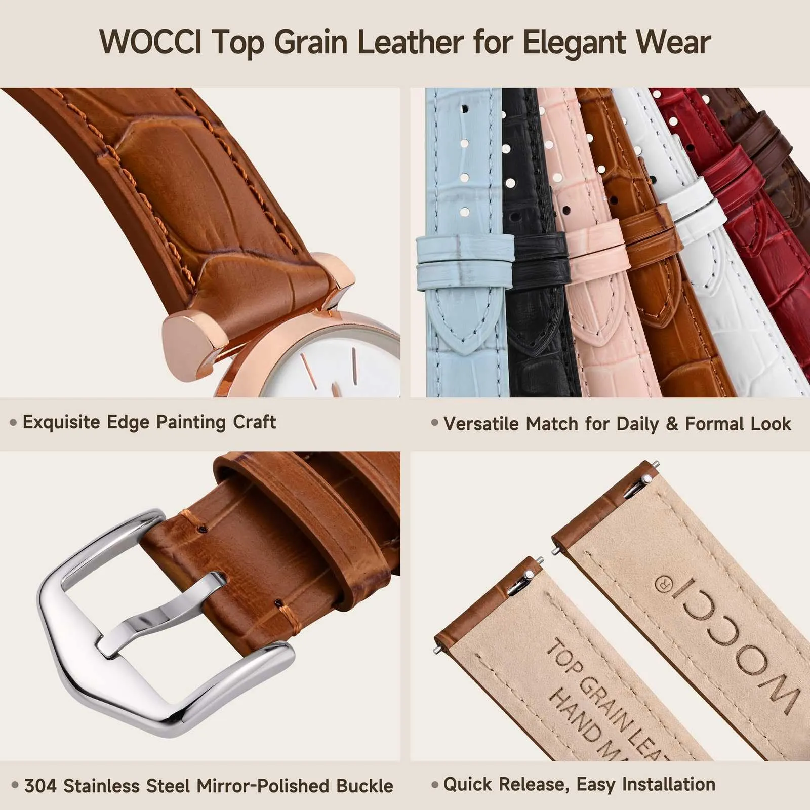 WOCCI 12mm Cinturino Orologio in Pelle da Donna, Grana di Alligatore Goffrata, Pelle Fiore Superiore, Sgancio Rapido, Fibbia Argento (Marrone Caramello) - immagine 4