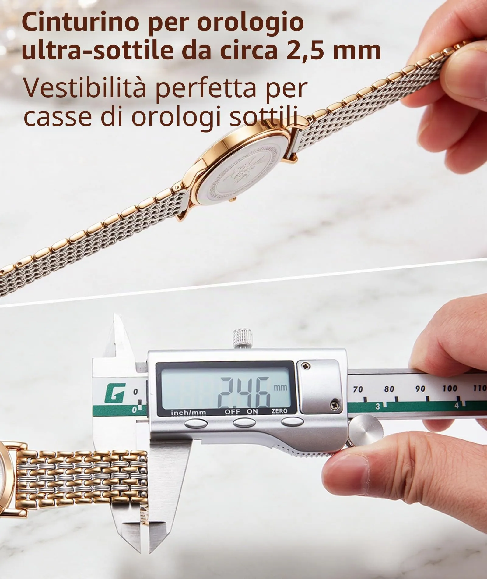 BINLUN Cinturino per Orologio in Acciaio Inossidabile Maglie Ultra Sottili Cinturini Leggero per Orologio Braccialetti di Ricambio Lucidati per Uomo Donna(12mm Argento e Oro) - immagine 3