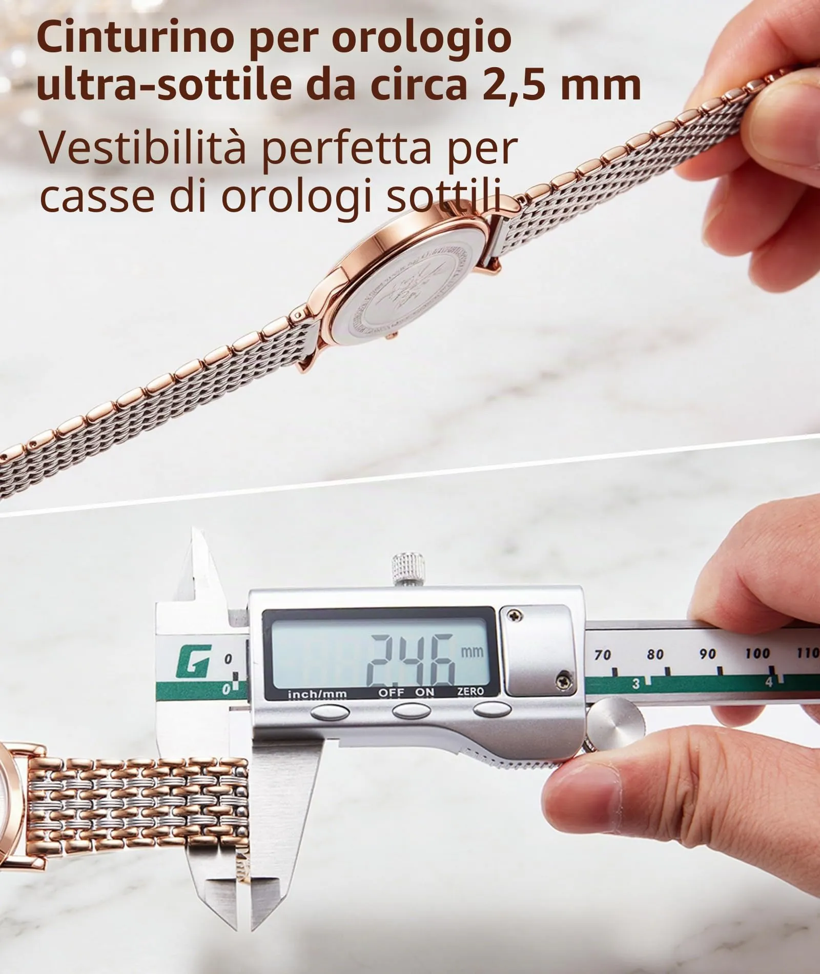 BINLUN Cinturino per Orologio in Acciaio Inossidabile Maglie Ultra Sottili Cinturini Leggero per Orologio Braccialetti di Ricambio Lucidati per Uomo Donna(18mm Argento e Oro Rosa) - immagine 3