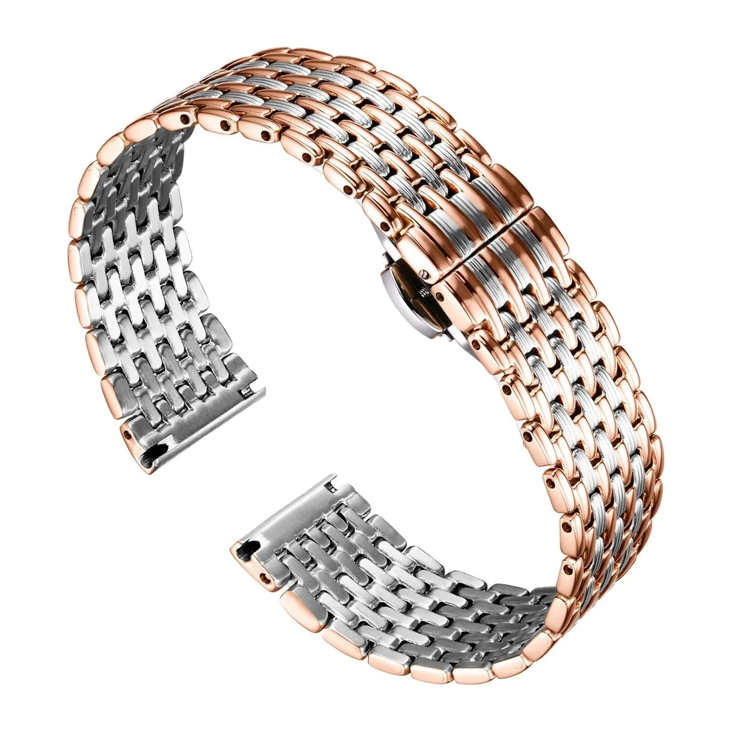 BINLUN Cinturino per Orologio in Acciaio Inossidabile Maglie Ultra Sottili Cinturini Leggero per Orologio Braccialetti di Ricambio Lucidati per Uomo Donna(12mm Argento e Oro Rosa) - immagine 1