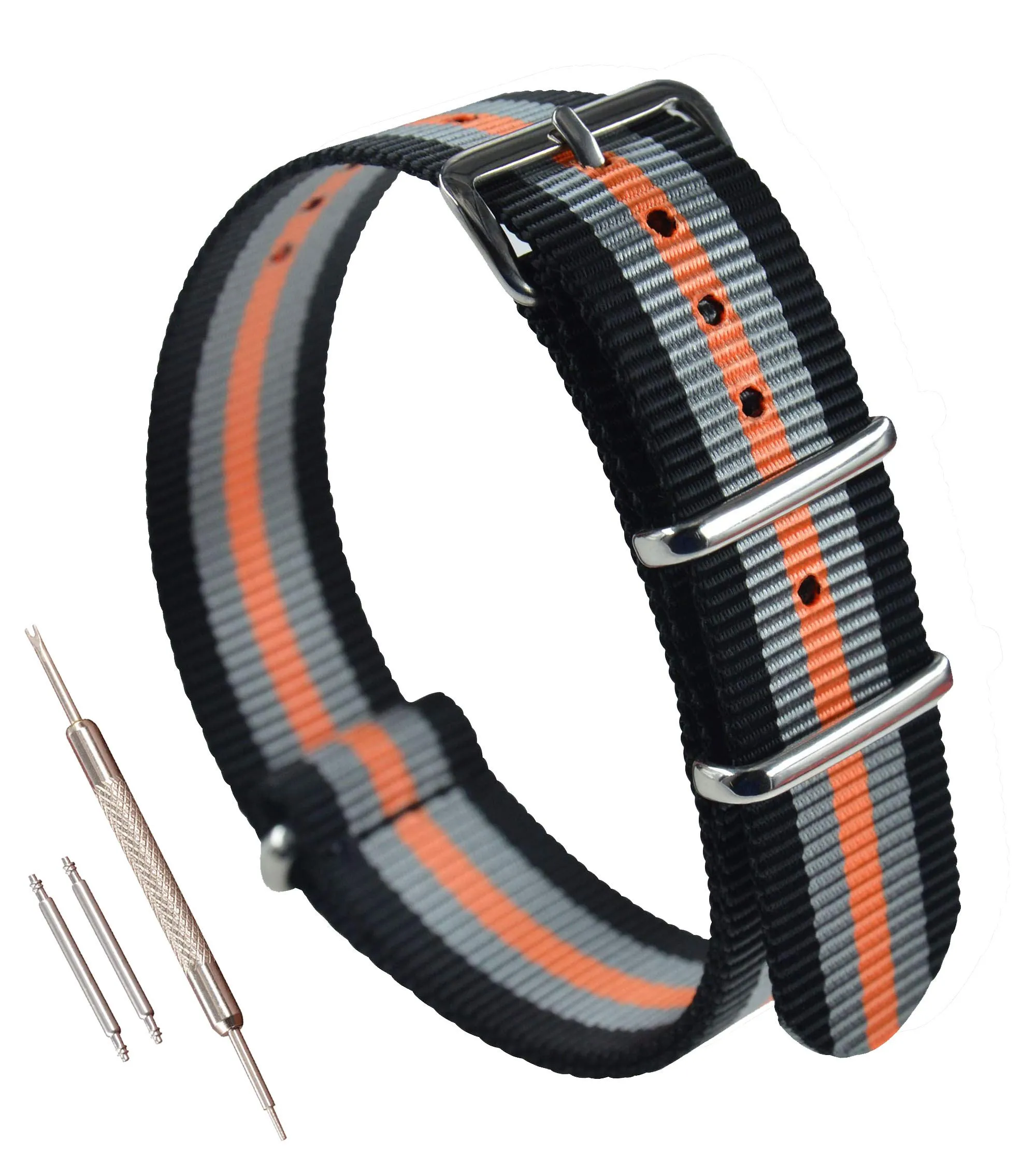 MZBUTIQ 18mm Nero/grigio/arancia Cinturino Orologio Nylon Balistico di Ricambio Uomo 4 anelli Fibbia Lucida - immagine 1