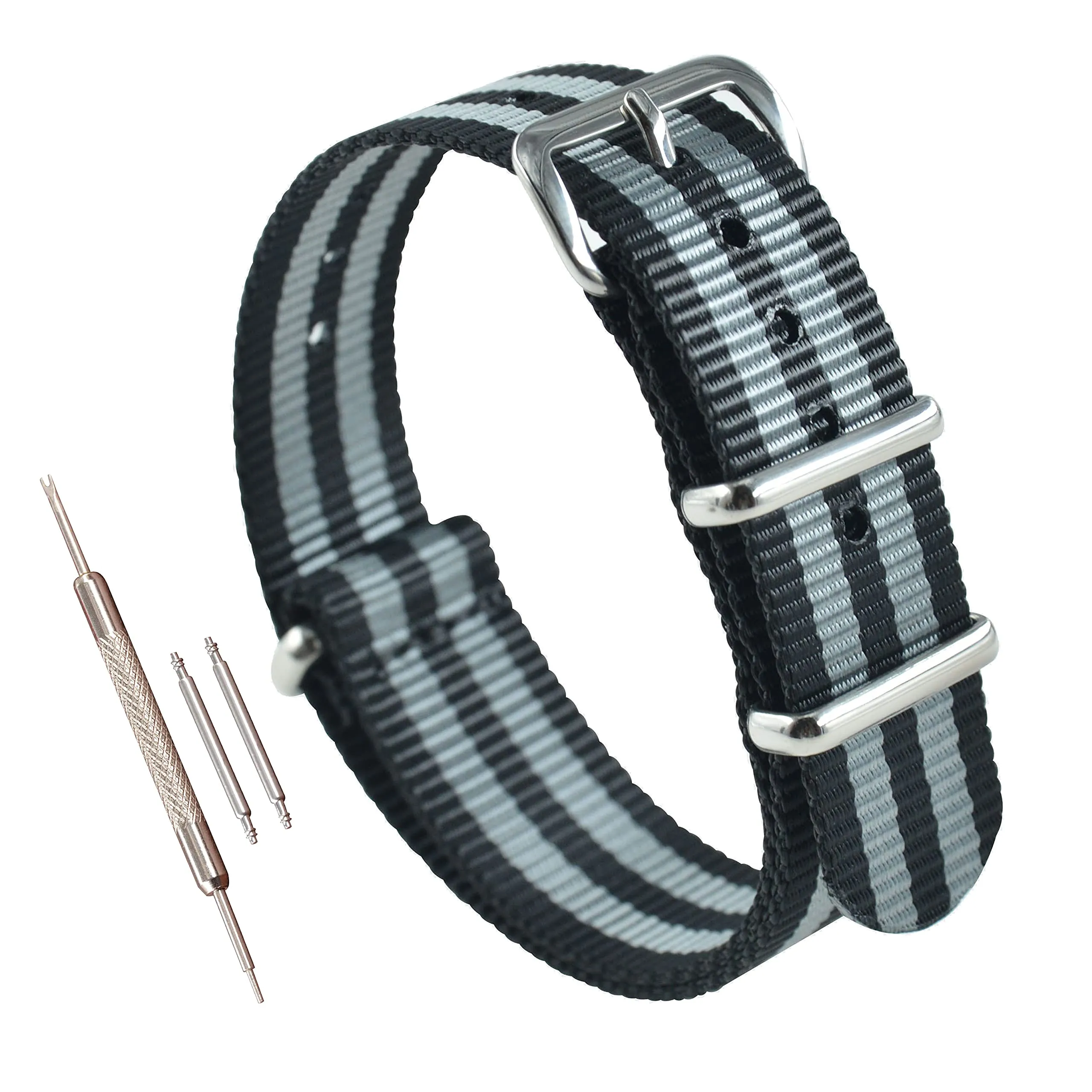 MZBUTIQ 20mm Nero/grigio Cinturini per Orologio da Uomo Nylon Un pezzo 4 anelli Extra Lungo - immagine 1