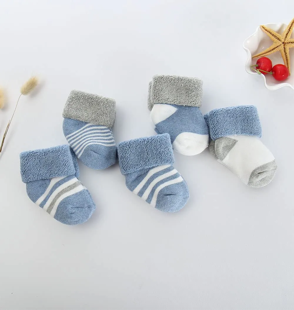 FedMois 5 Paia Calzini Cotone Invernali Termici Neonati Bambini, Blu, 6-12 mesi - immagine 2