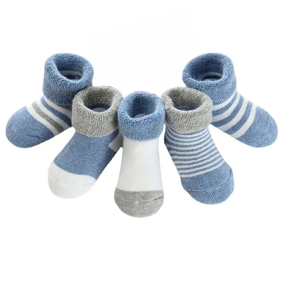 FedMois 5 Paia Calzini Cotone Invernali Termici Neonati Bambini, Blu, 6-12 mesi - immagine 3