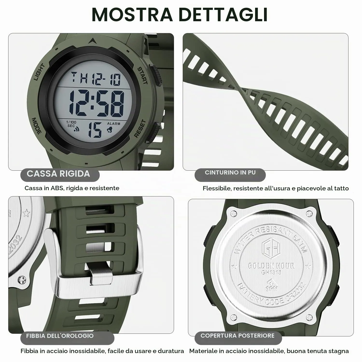 GOLDEN HOUR Gli Orologio Uomo Impermeabilizzano lo Sport di Digital Guarda lo Stile Militare Dell'esposizione di Lettura Dacile Dello Schermo Con la Cinghia - Verde - immagine 3