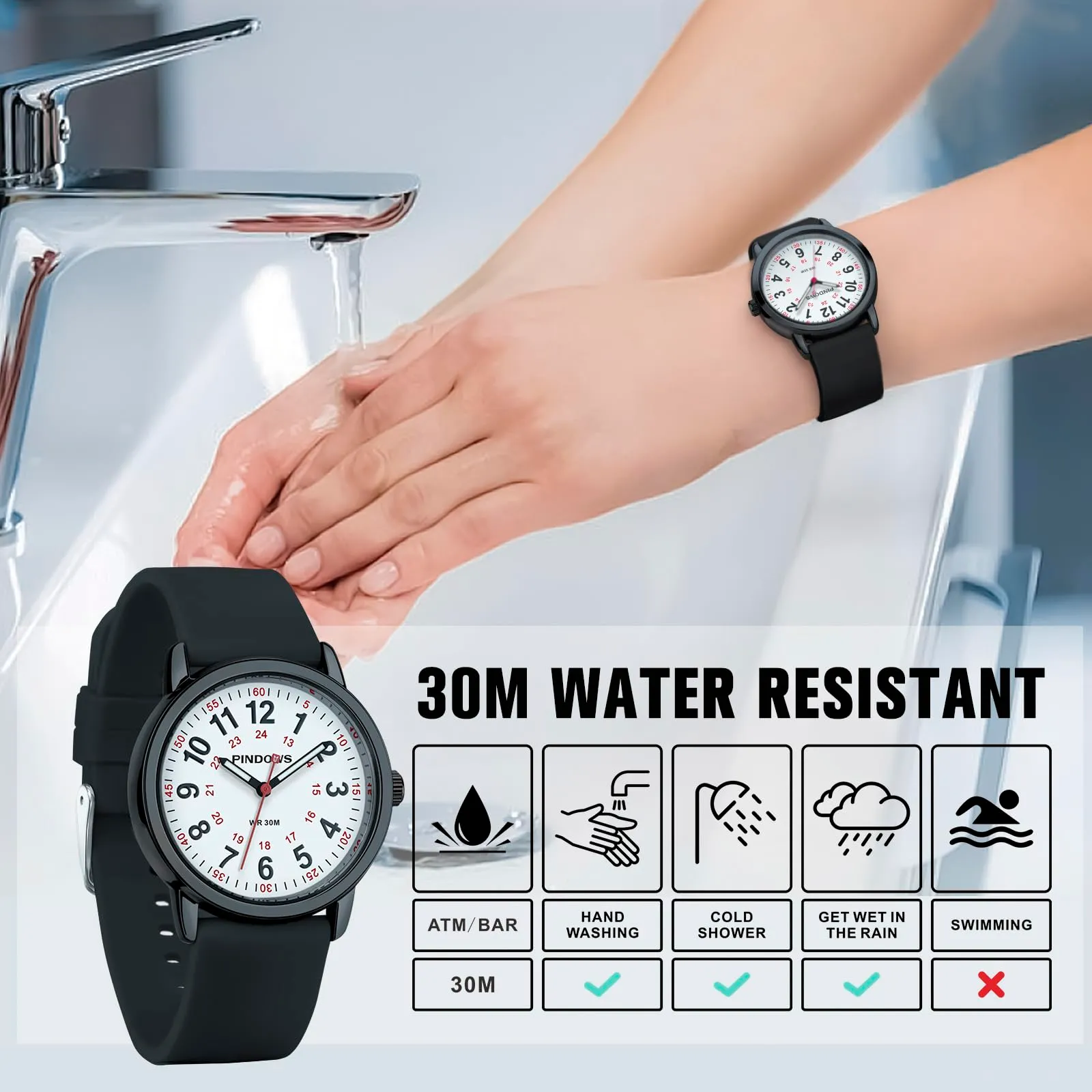 PINDOWS Orologi da polso analogici al quarzo da donna con cinturino in silicone per ragazze, signore, studentesse, facili da leggere, impermeabili. (Schwarz Schwarz) - immagine 3